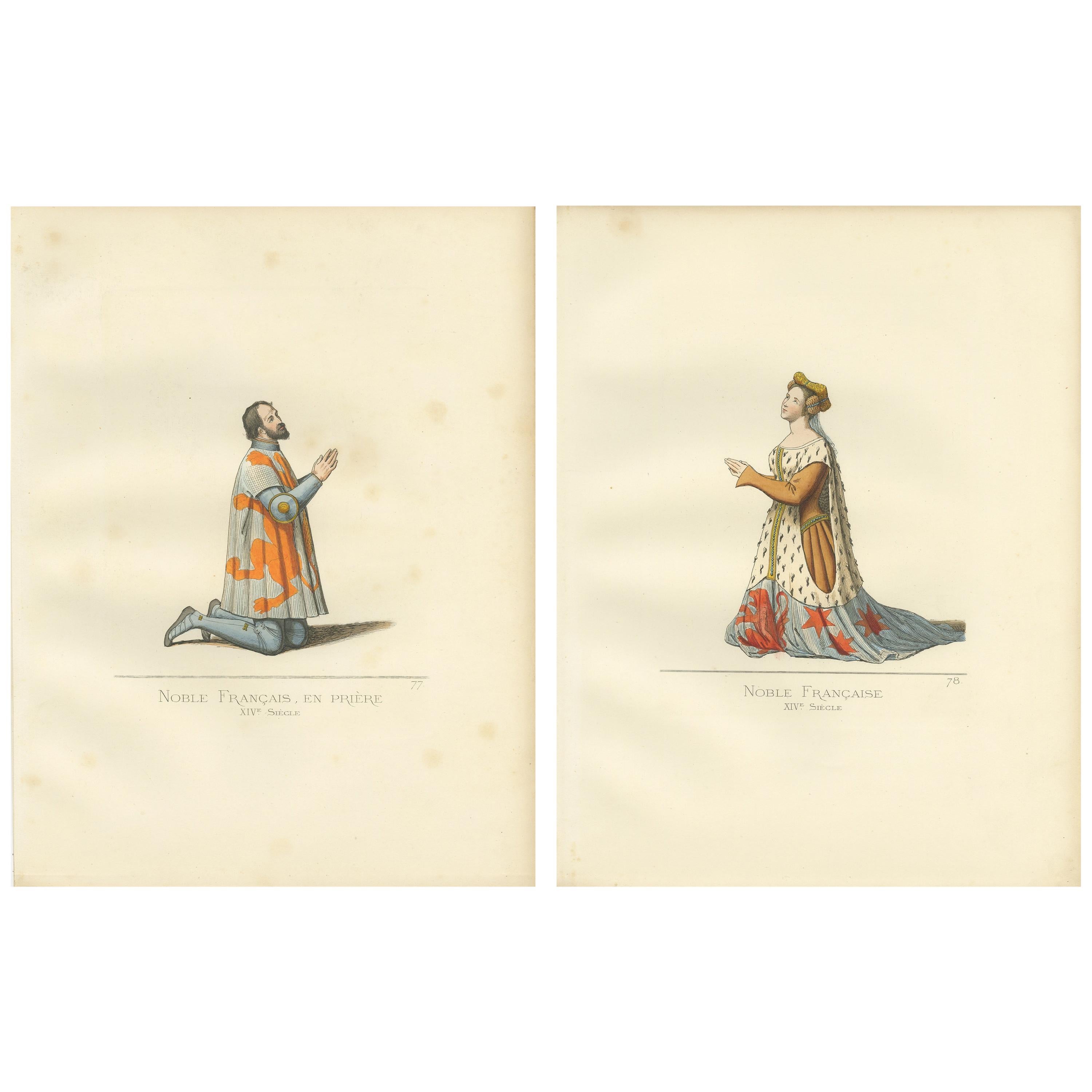 Set of 2 Antique Prints of a French Nobleman and Noblewoman, 'circa 1860' For Sale