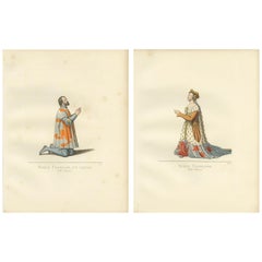 Satz von 2 antiken Drucken eines französischen Adligen und einer Adligen, 'circa 1860'.