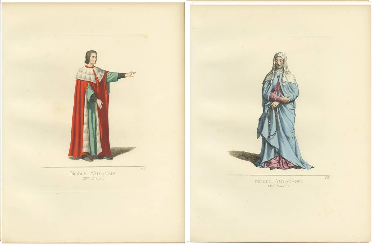 Set of 2 Antique Prints of a Nobleman and Noblewoman from Milan, 'circa 1860'