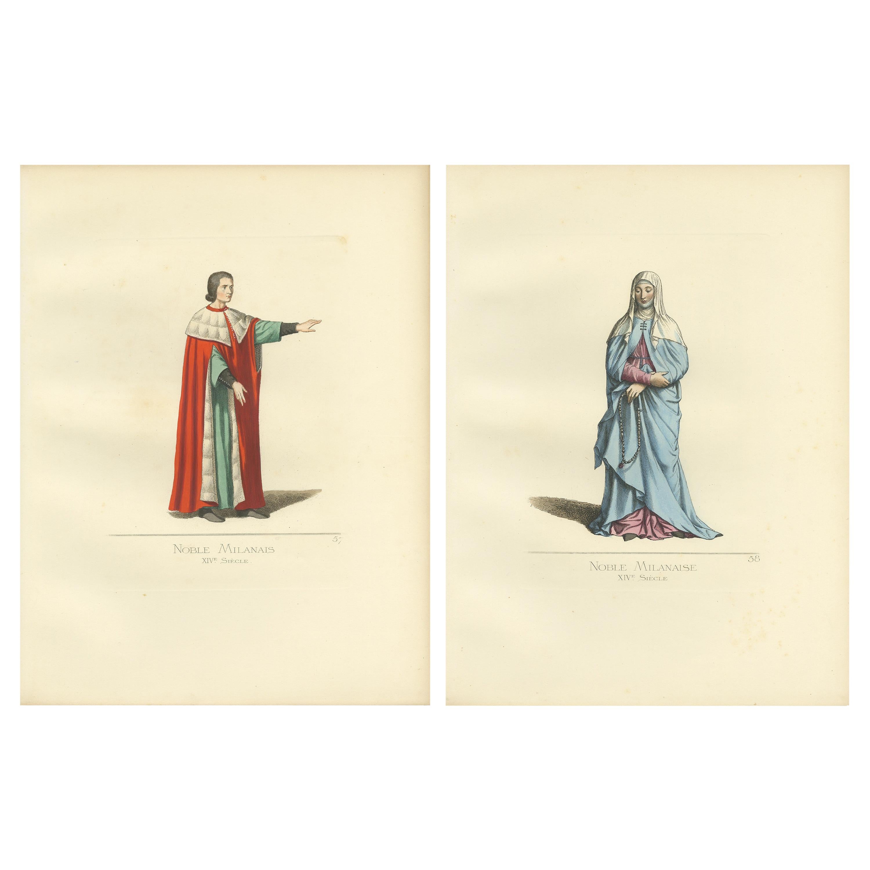 Set of 2 Antique Prints of a Nobleman and Noblewoman from Milan, 'circa 1860'