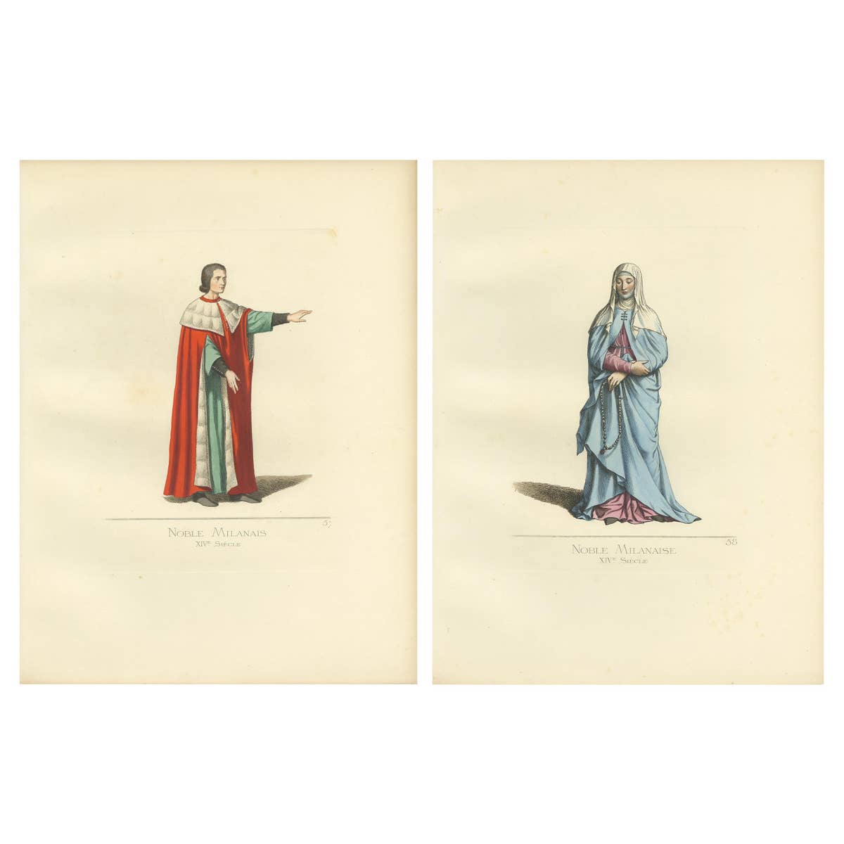 Set of 2 Antique Prints of a Nobleman and Noblewoman from Milan, 'circa 1860'