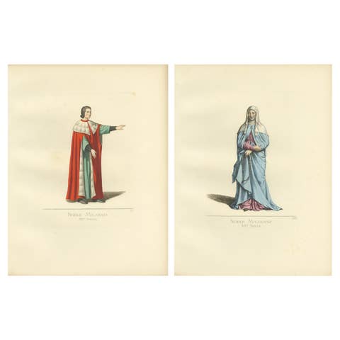 Set of 2 Antique Prints of a Nobleman and Noblewoman from Milan, 'circa 1860'