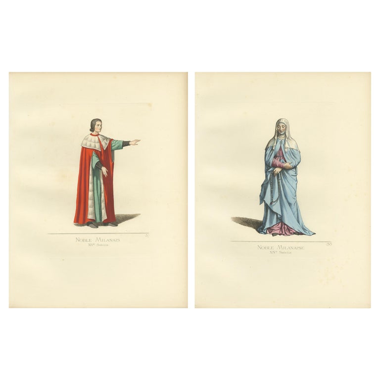 Set of 2 Antique Prints of a Nobleman and Noblewoman from Milan, 'circa  1860' For Sale at 1stDibs