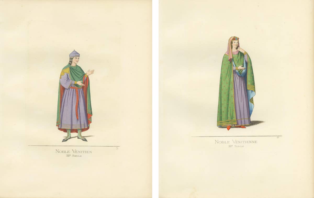 Antique Prints Set of 2, Venetian Nobleman and Noblewoman, 1860