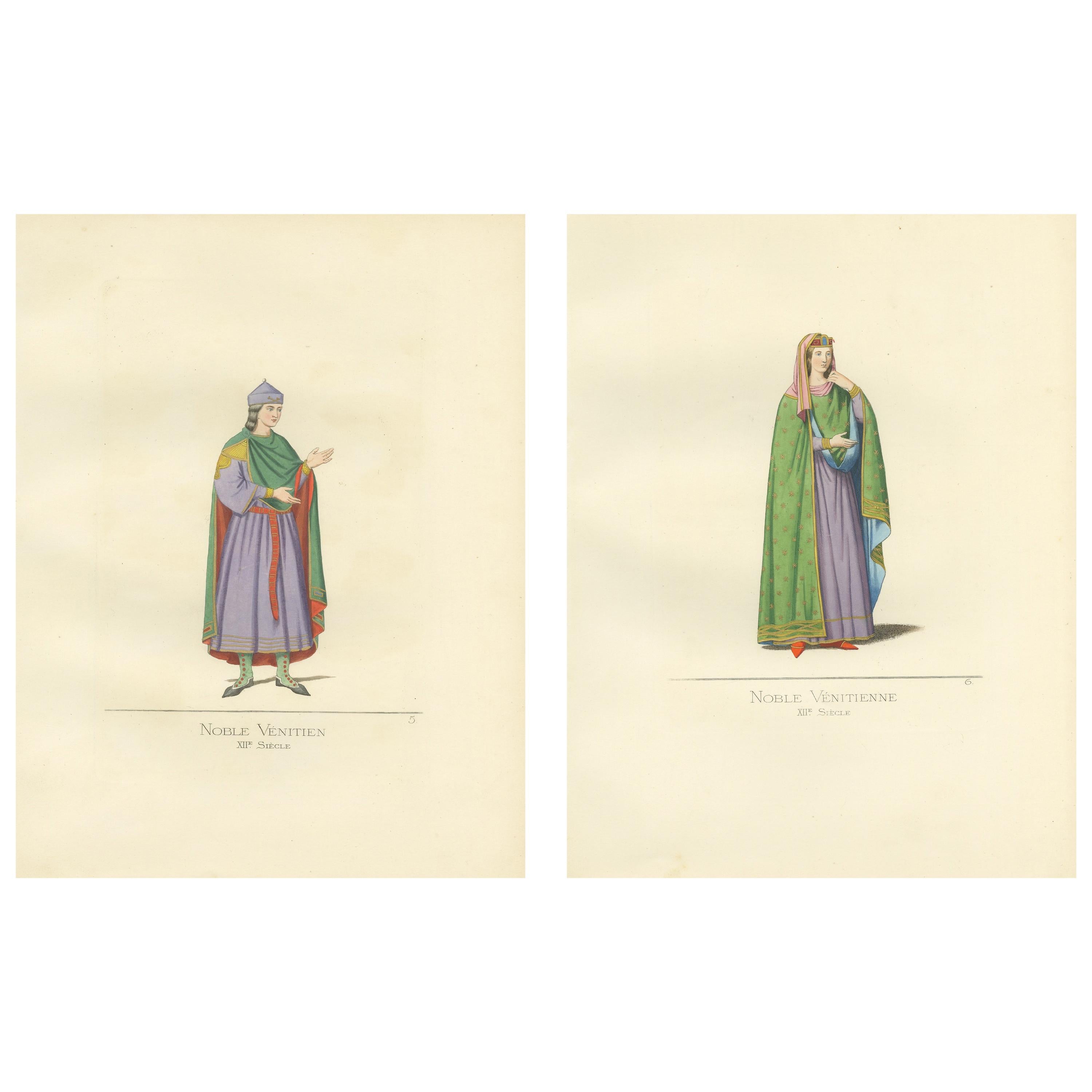 Set of 2 Antique Prints of a Nobleman and Noblewoman of Venice by Bonnard, 1860