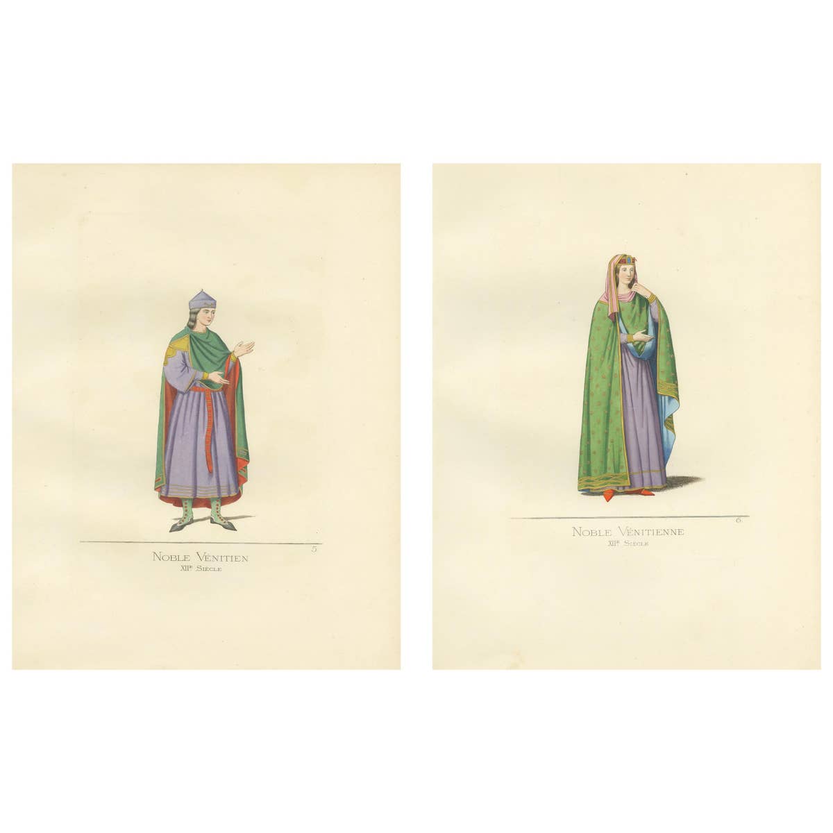 Antique Prints Set of 2, Venetian Nobleman and Noblewoman, 1860