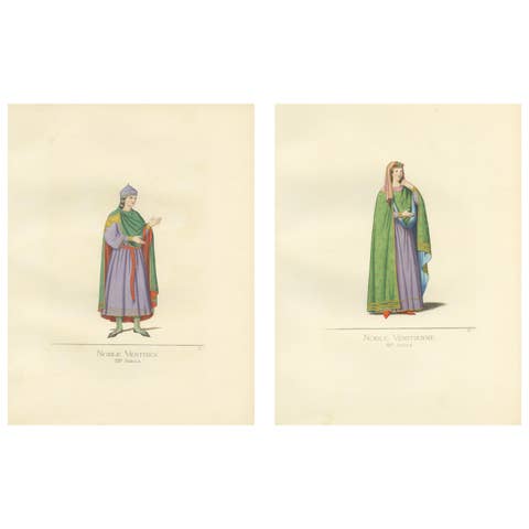 Antique Prints Set of 2, Venetian Nobleman and Noblewoman, 1860