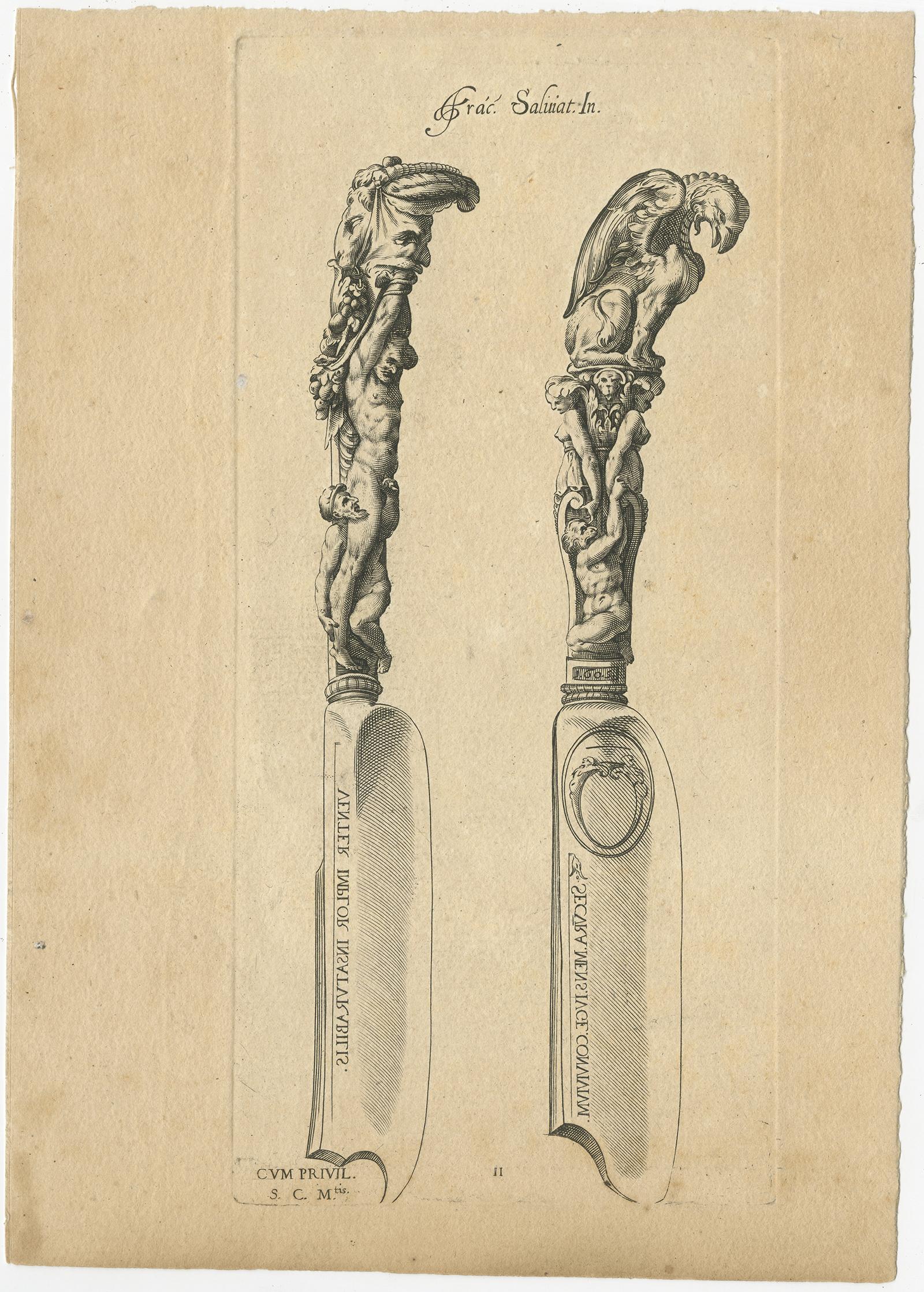 Set of two antique prints. Plate 11 and 12 depicting decorated antique knives. Source unknown, to determined.