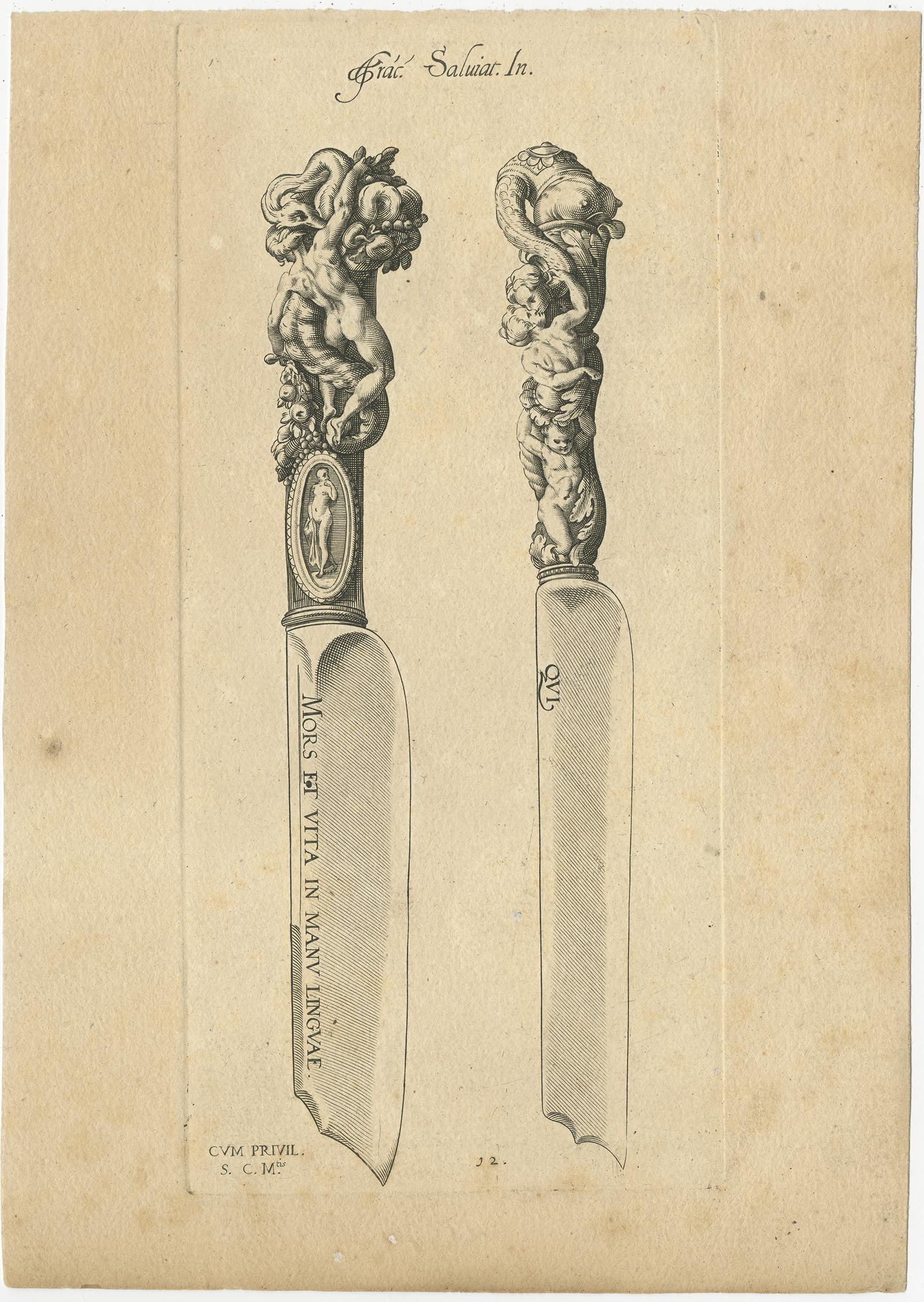 Set of 2 Antique Prints of Decorated Knives, circa 1840 In Good Condition For Sale In Langweer, NL