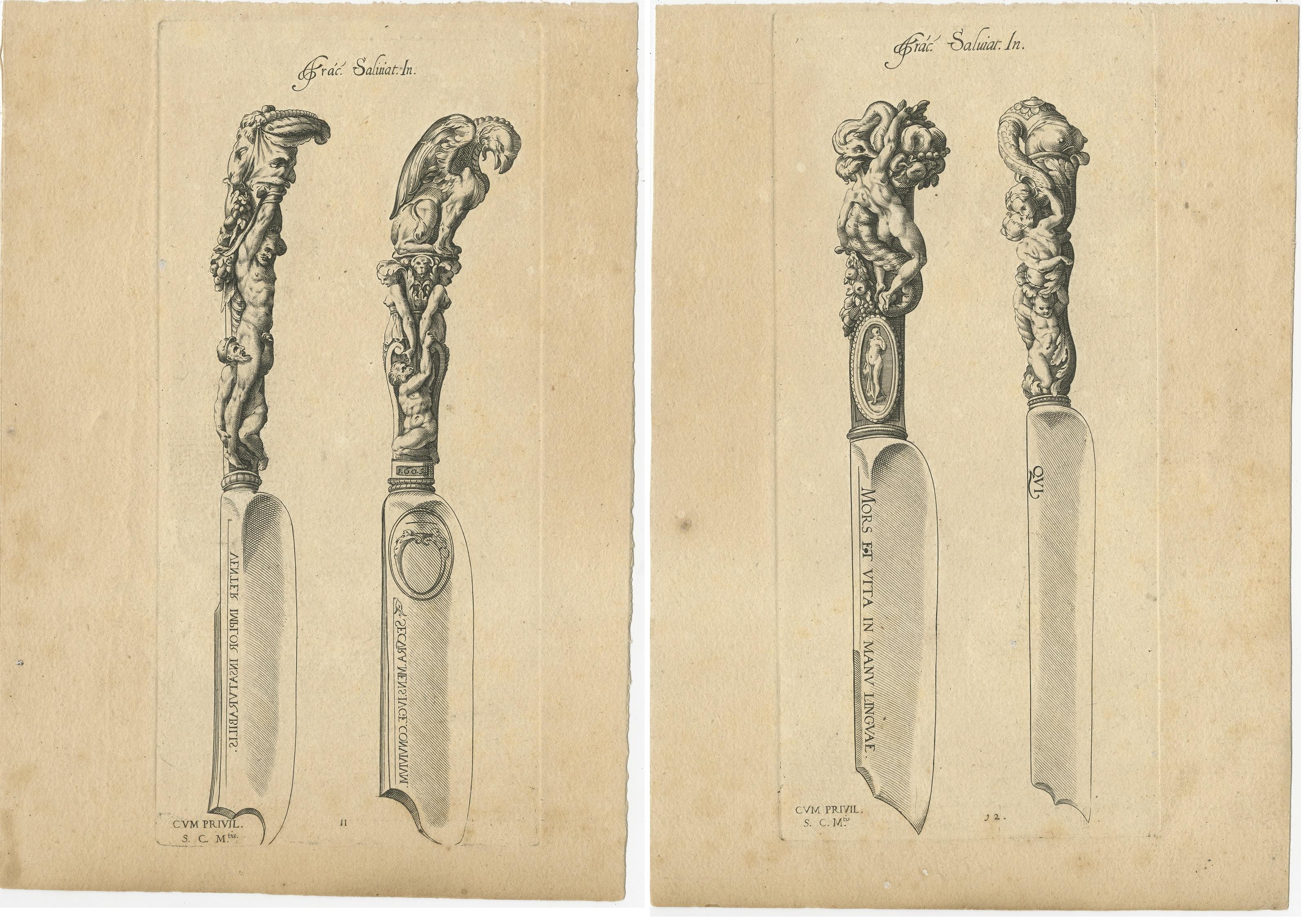 19th Century Set of 2 Antique Prints of Decorated Knives, circa 1840 For Sale