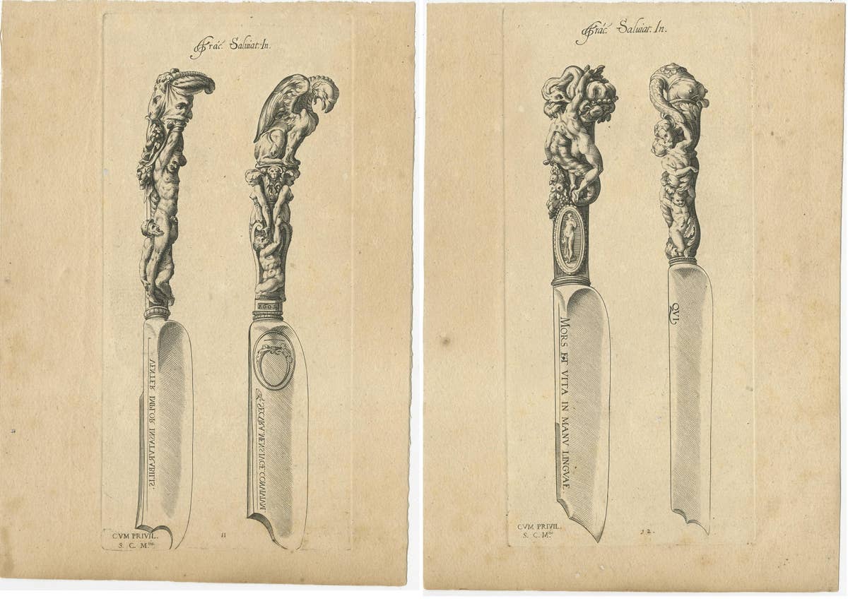 Set of 2 Antique Prints of Decorated Knives, circa 1840