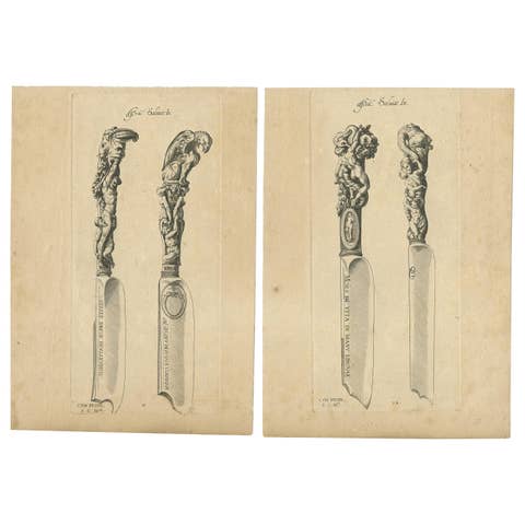 Set of 2 Antique Prints of Decorated Knives, circa 1840