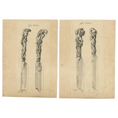 Set of 2 Antique Prints of Decorated Knives, circa 1840