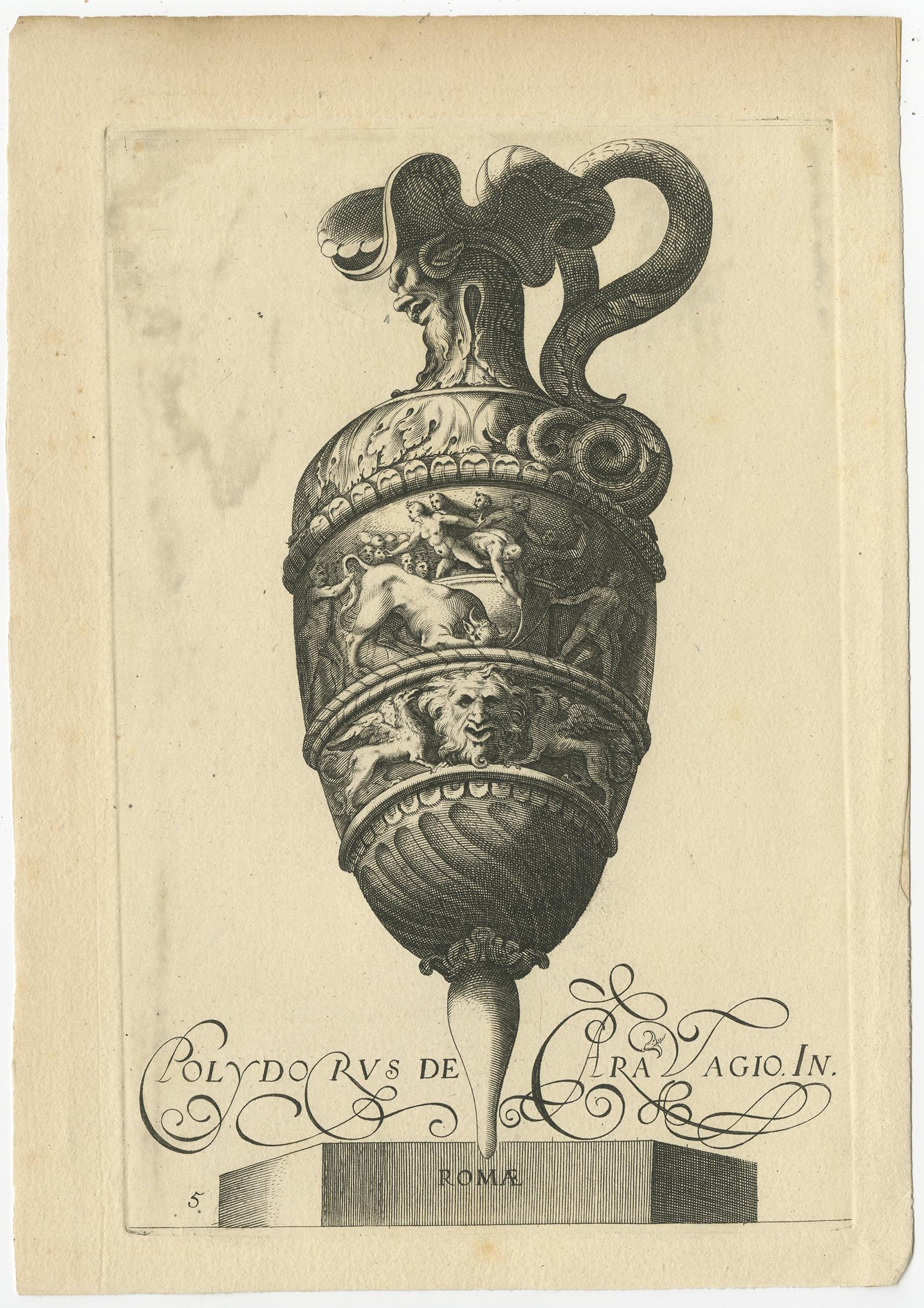 Set of two antique prints titled 'Polydorius de Caravagio'. Plate 5 and 9 depicting decorated antique vases. Source unknown, to determined.