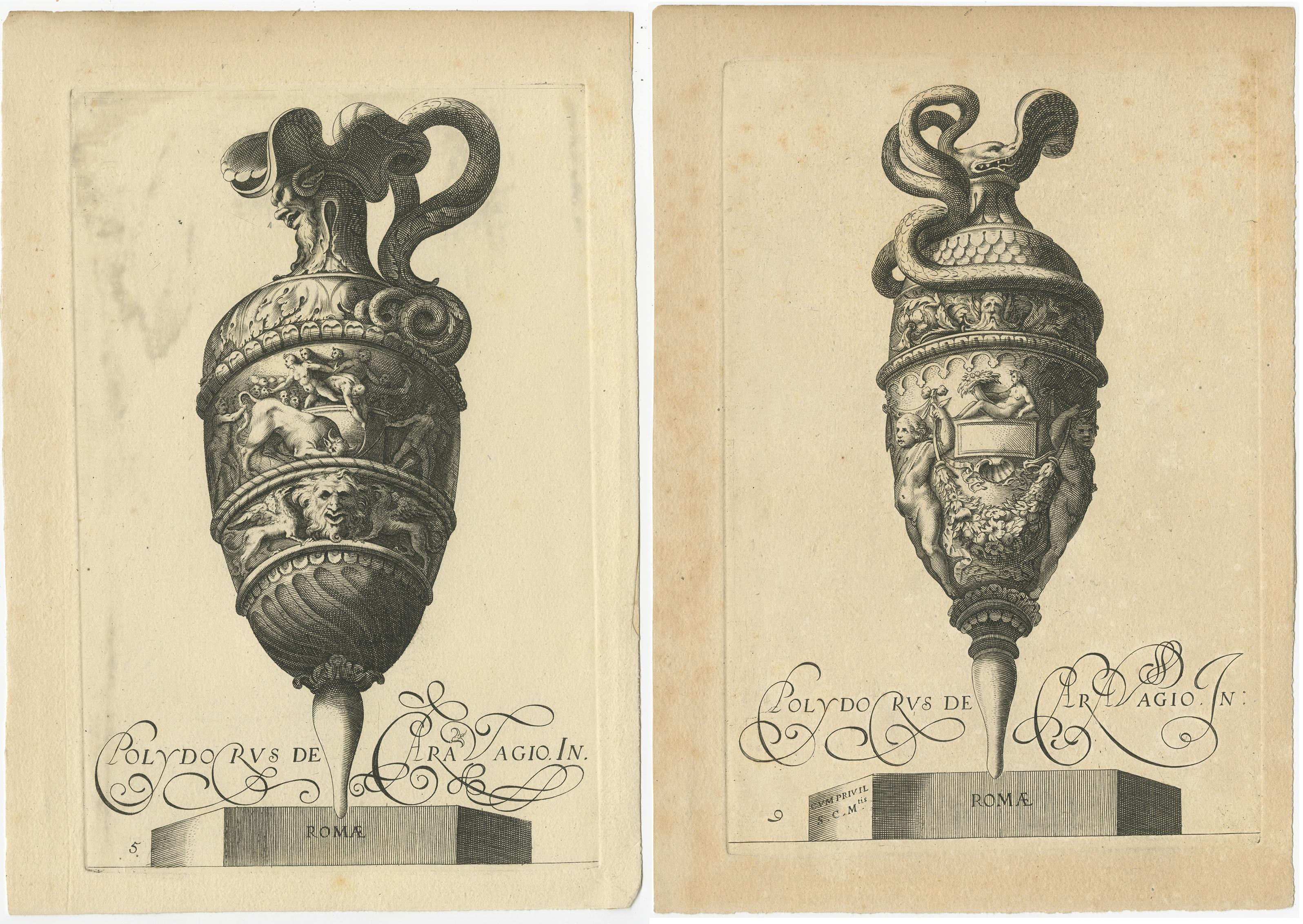 19th Century Set of 2 Antique Prints of Decorated Vases, circa 1840 For Sale