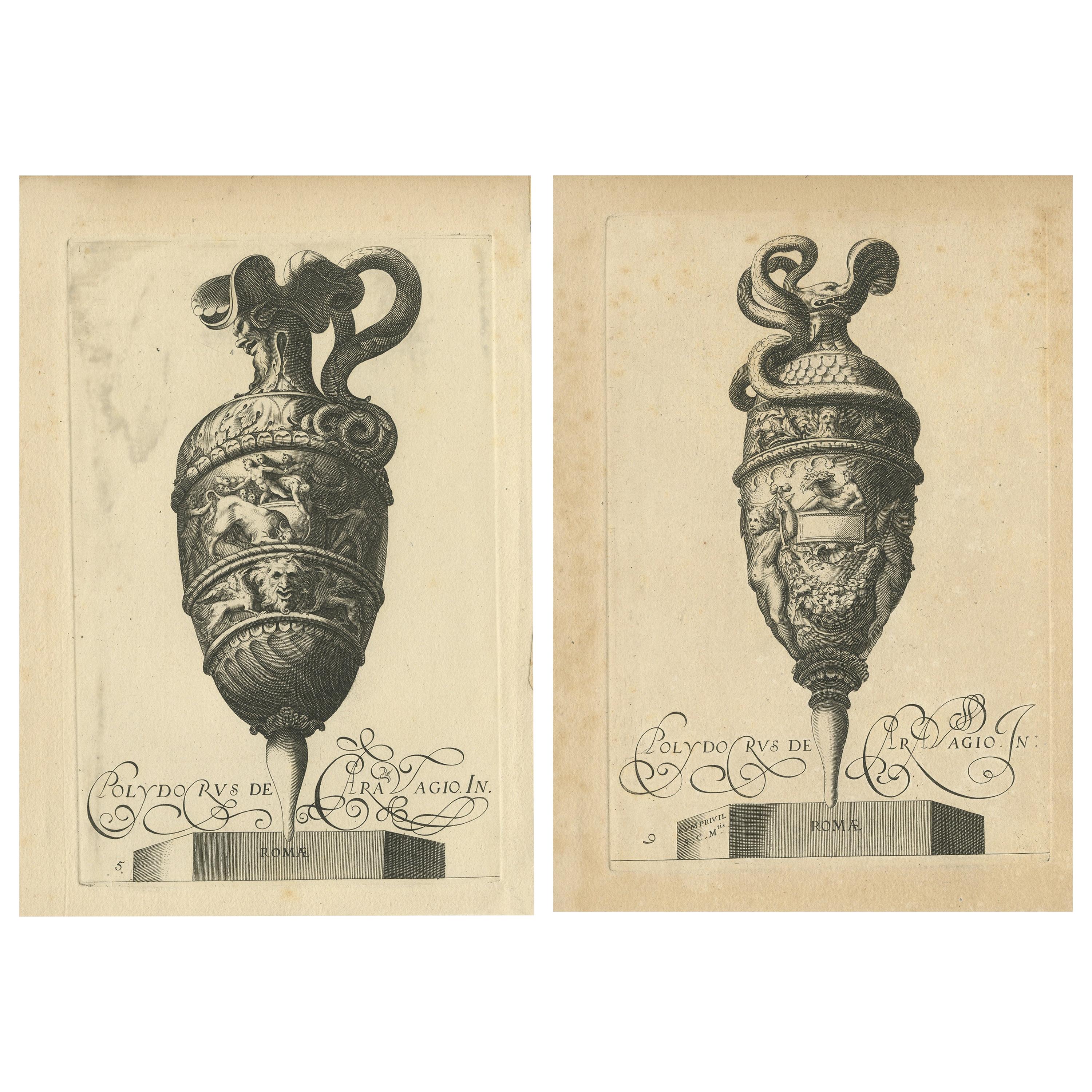 Set of 2 Antique Prints of Decorated Vases, circa 1840 For Sale