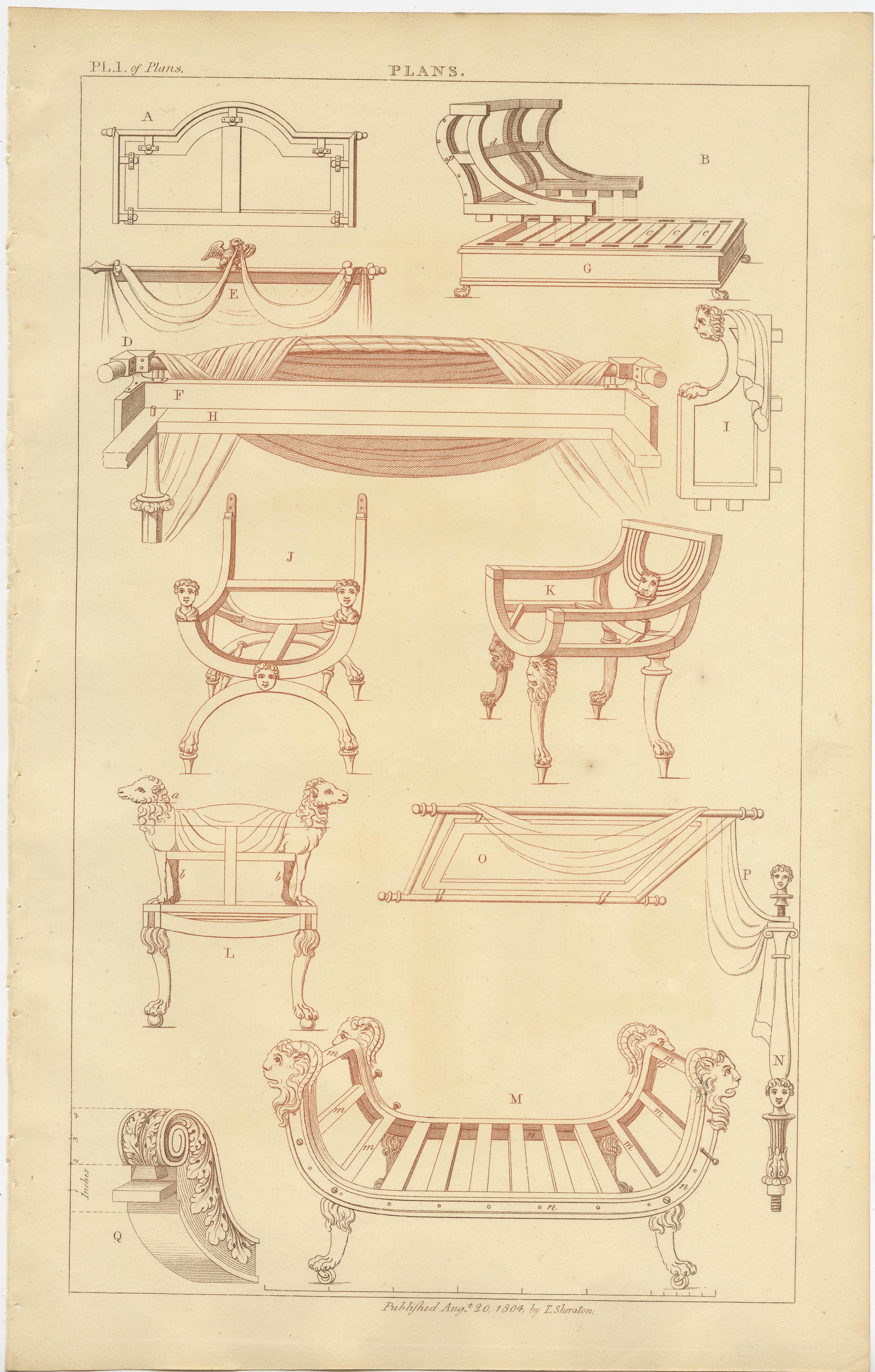 Set of two antique prints of furniture designs. These prints originate from 'The General Artist's Encyclopaedia' by Thomas Sheraton. Published 1803-1805.