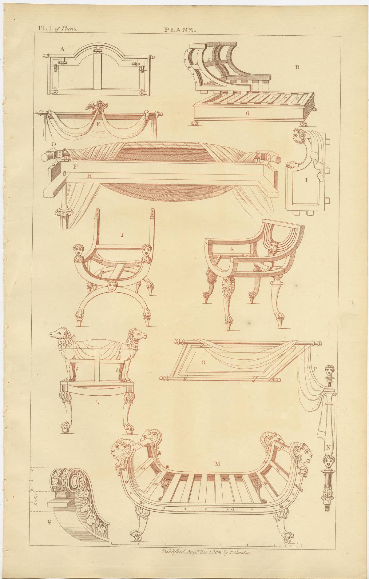 Set of 2 Antique Prints of Furniture Designs by Sheraton '1805'