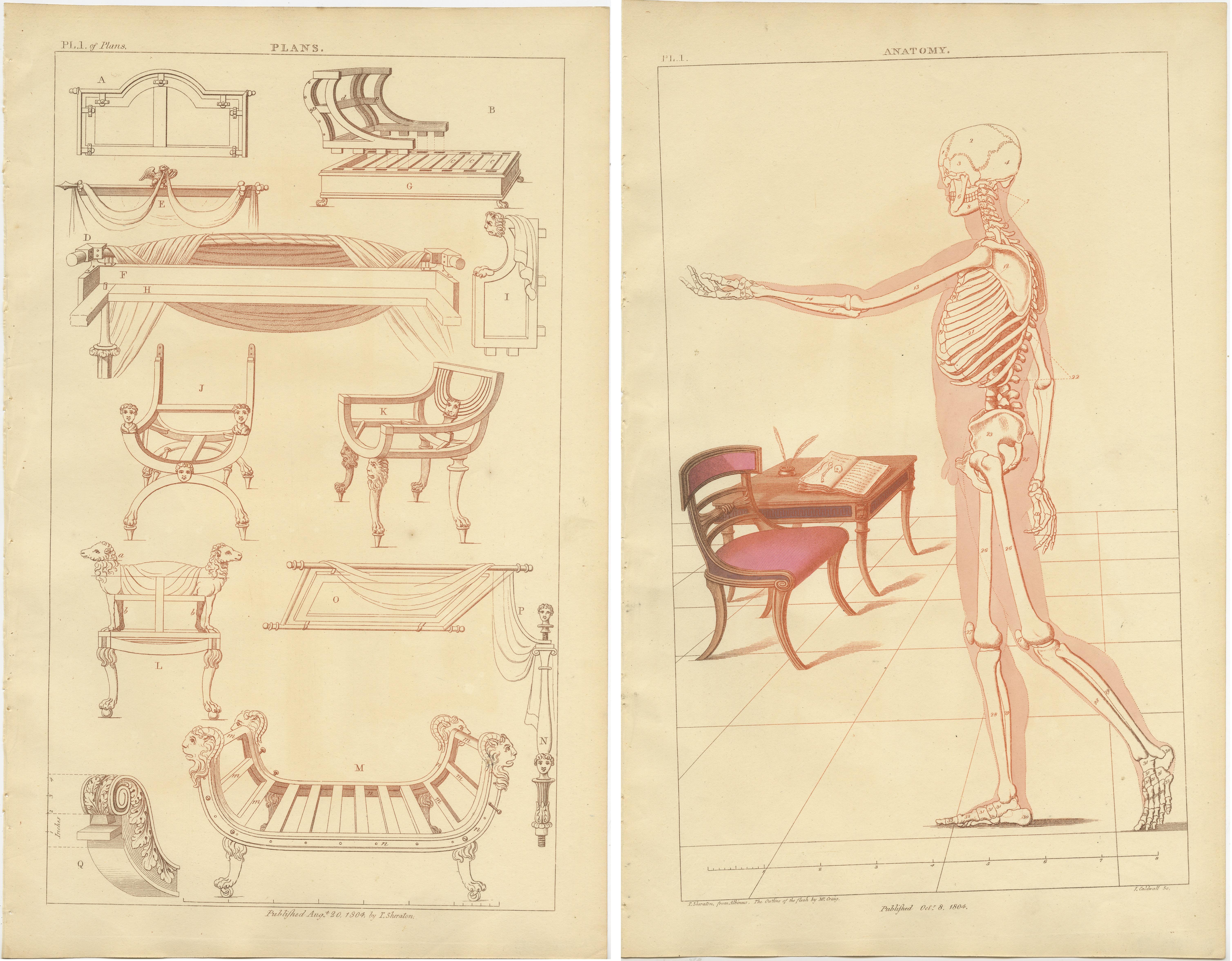 19th Century Set of 2 Antique Prints of Furniture Designs by Sheraton '1805' For Sale