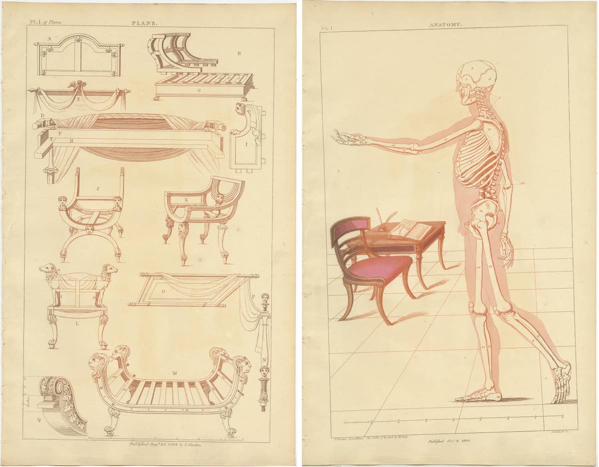 Set of 2 Antique Prints of Furniture Designs by Sheraton '1805'