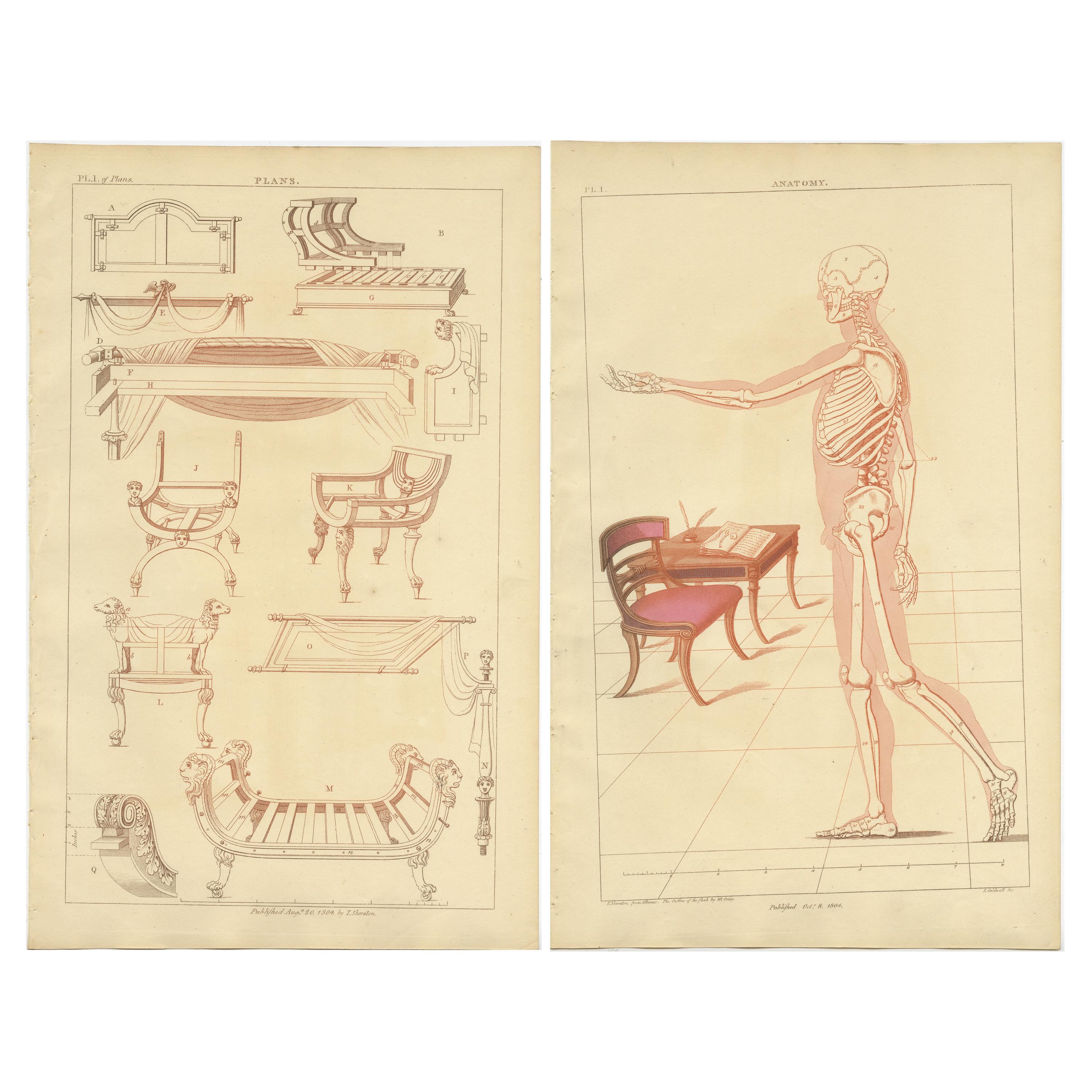 Set of 2 Antique Prints of Furniture Designs by Sheraton '1805'