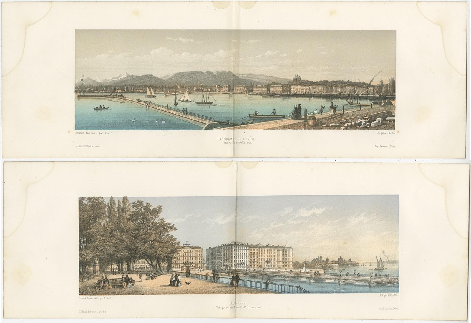 Set of 2 Antique Prints of Geneva by Morel, circa 1850 In Fair Condition For Sale In Langweer, NL
