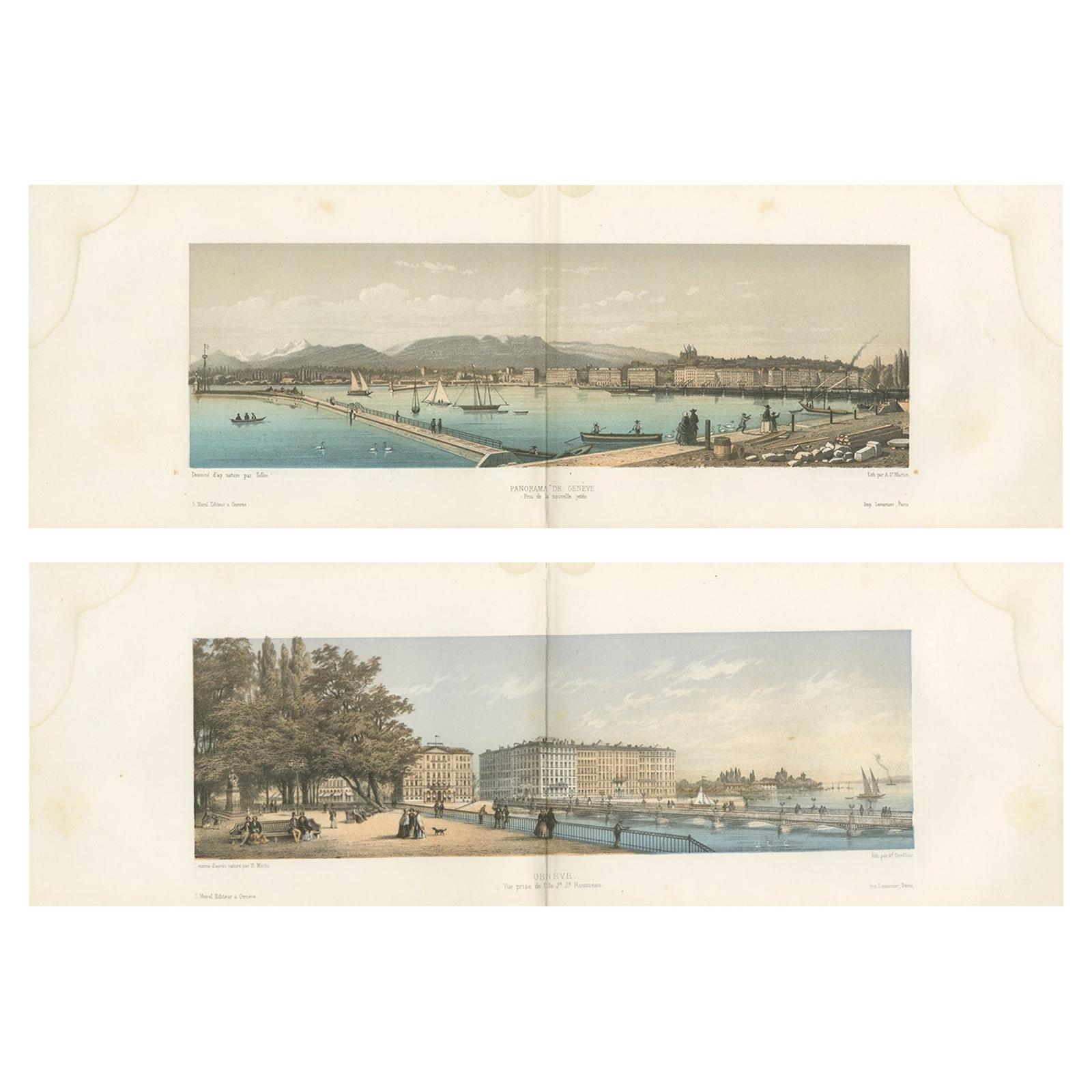 Set of 2 Antique Prints of Geneva by Morel, circa 1850 For Sale
