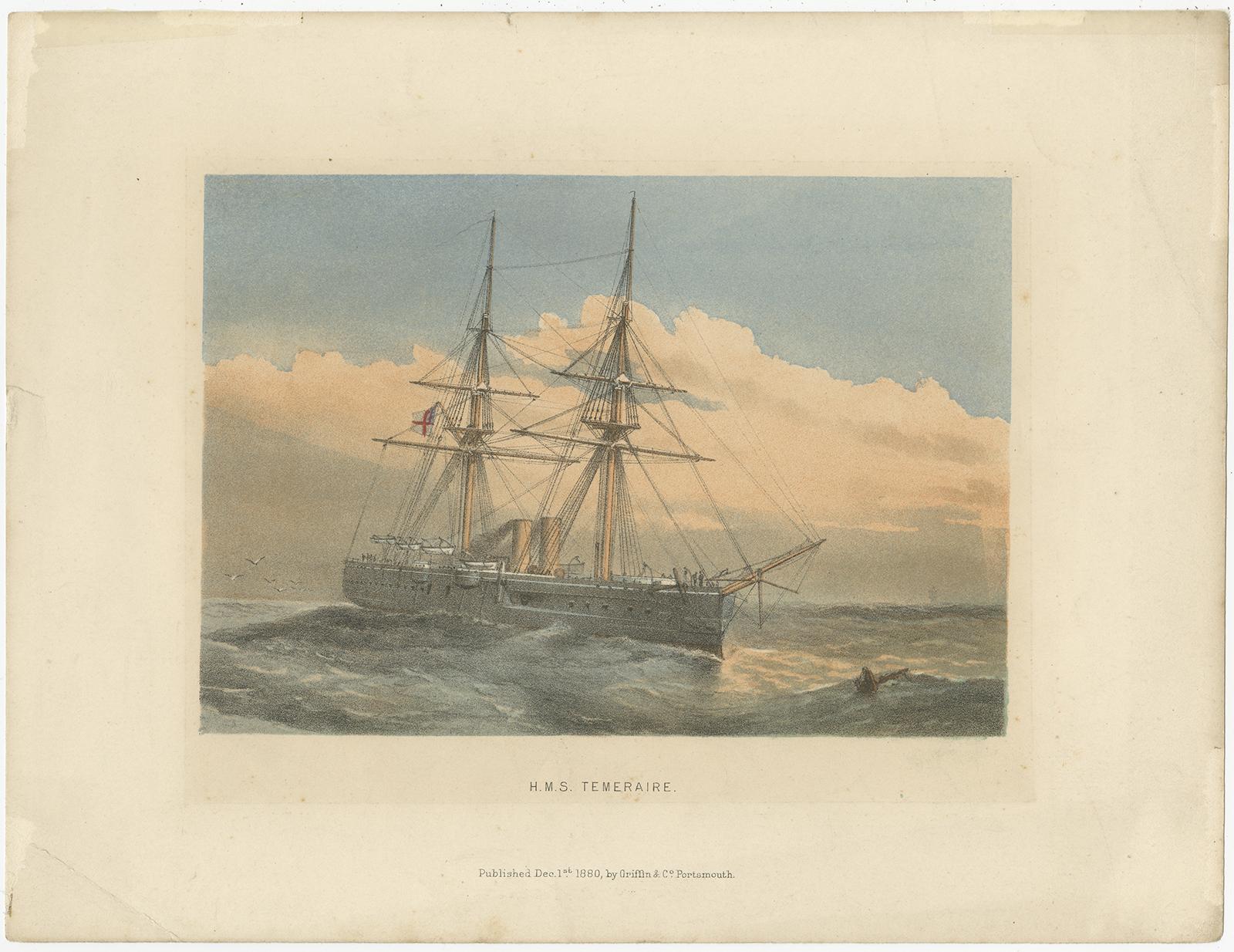 Set of two antique prints of HMS ships titled 'H.M.S. Orontes' and 'H.M.S. Temeraire'. Published by Griffin & Co, 1880.