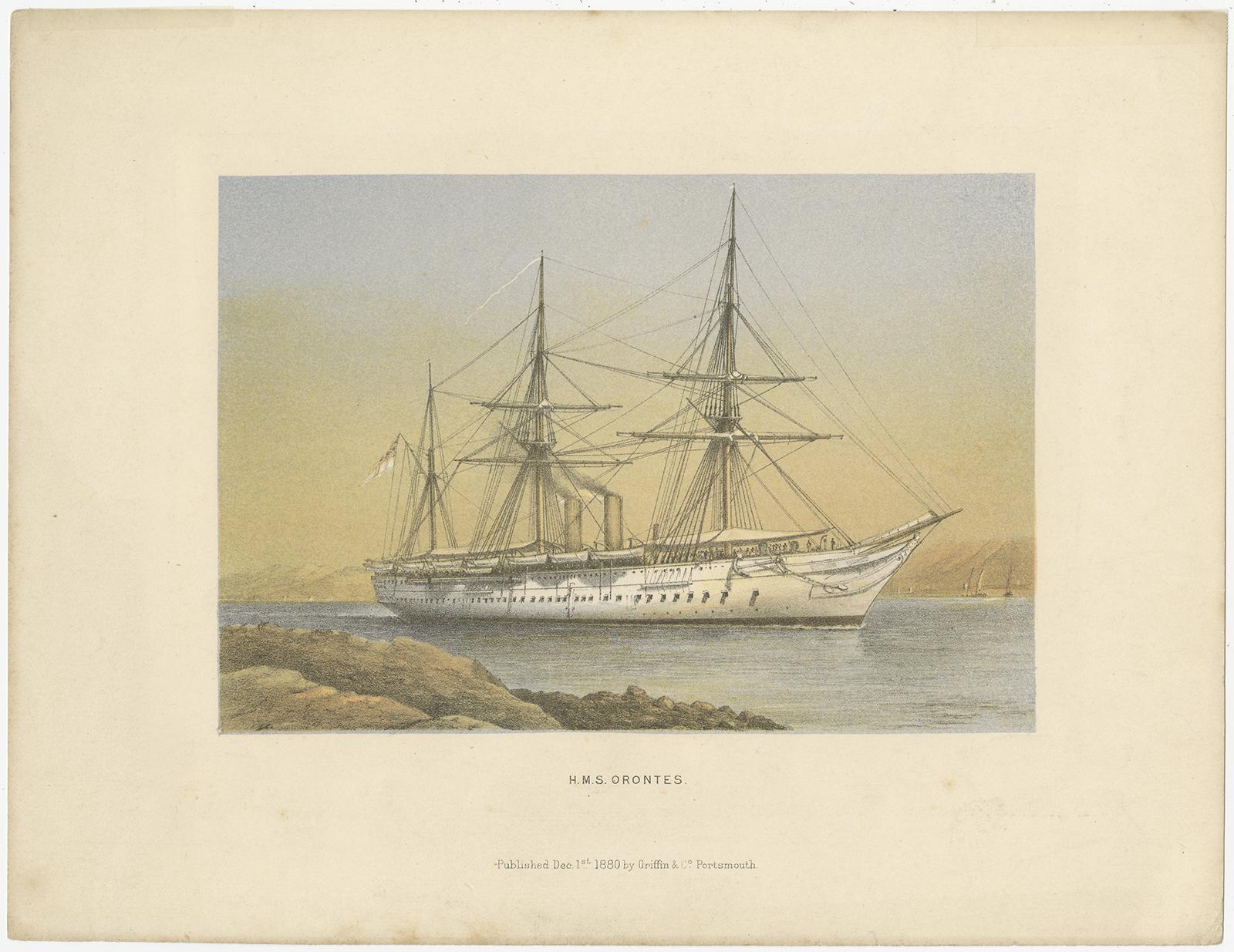 Set of 2 Antique Prints of HMS Ships by Griffin & Co, 1880 In Good Condition For Sale In Langweer, NL