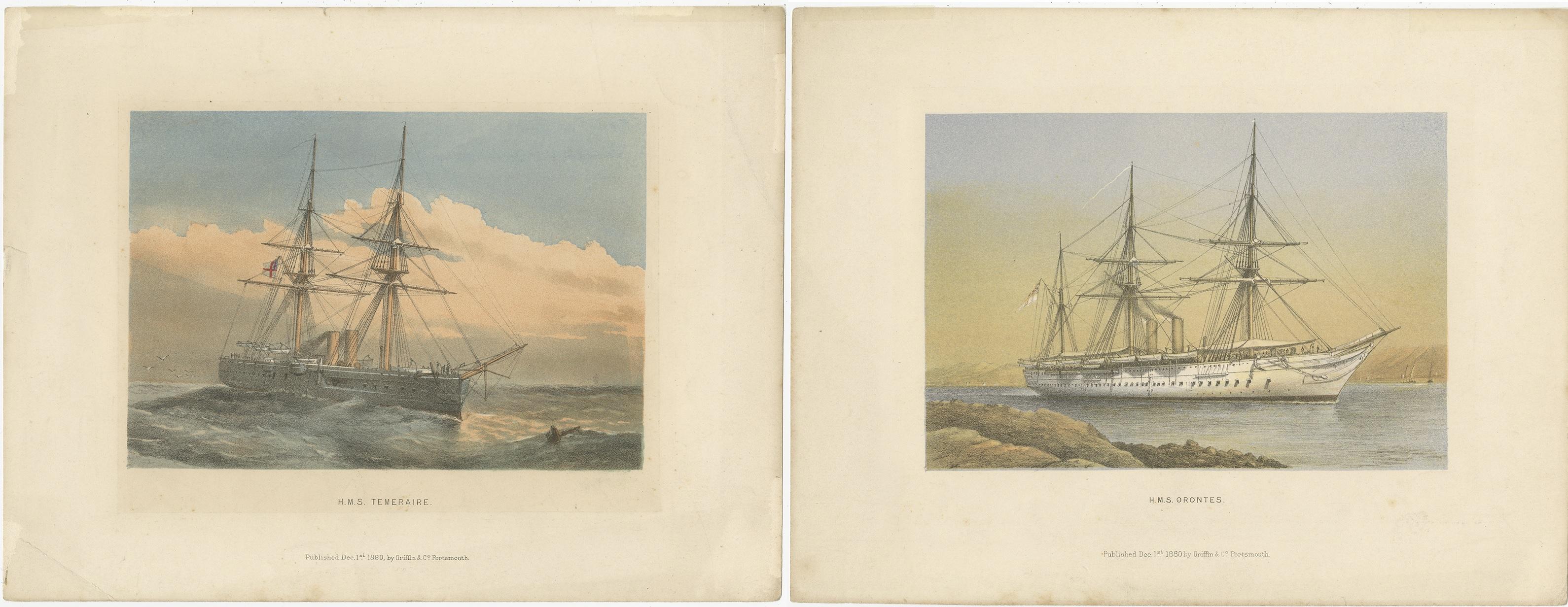 19th Century Set of 2 Antique Prints of HMS Ships by Griffin & Co, 1880 For Sale