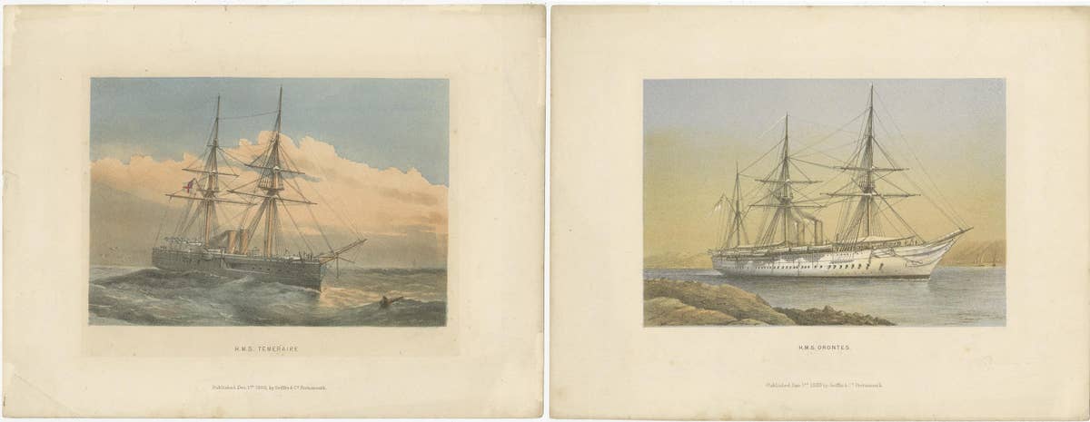 Set of 2 Antique Prints of HMS Ships by Griffin & Co, 1880