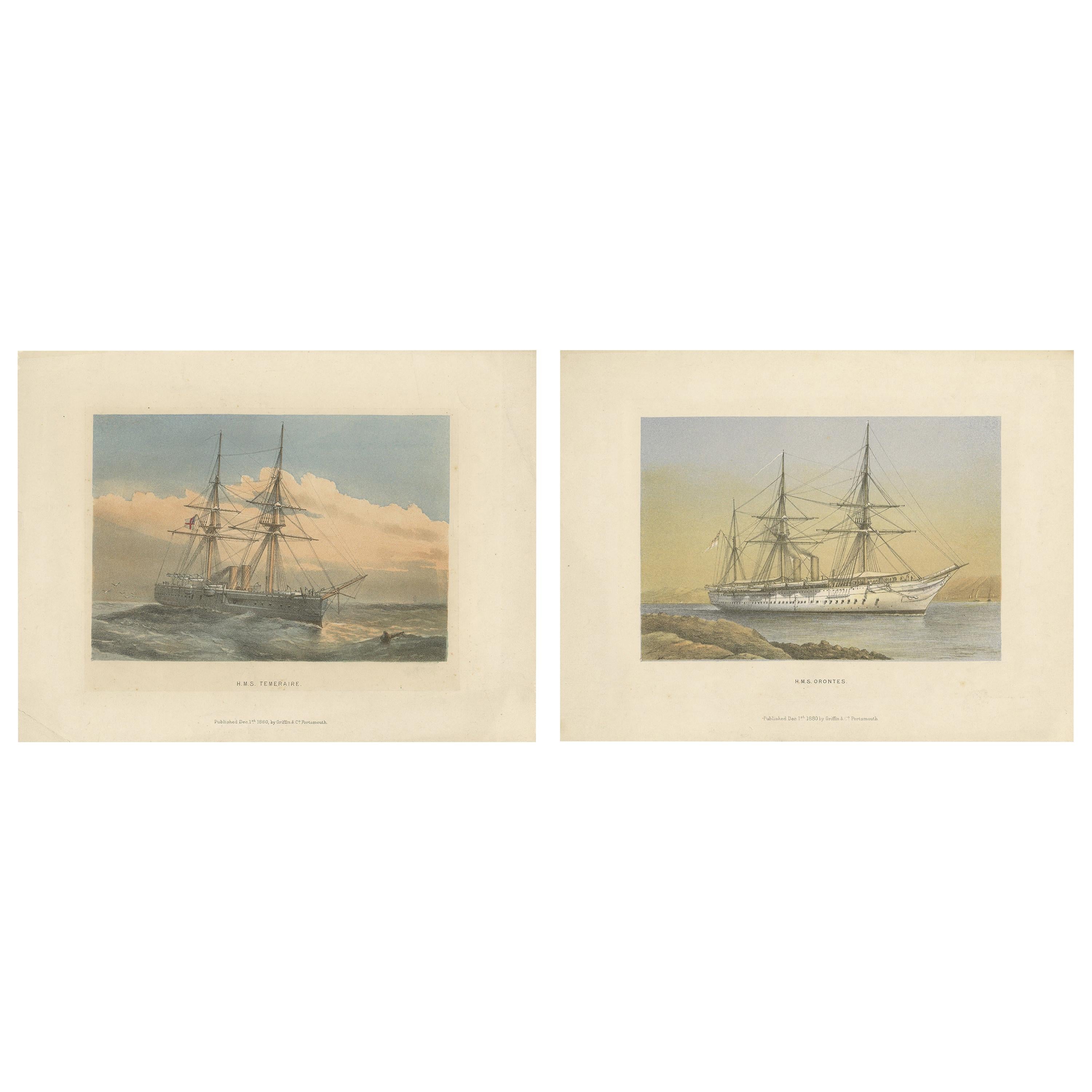 Set of 2 Antique Prints of HMS Ships by Griffin & Co, 1880 For Sale