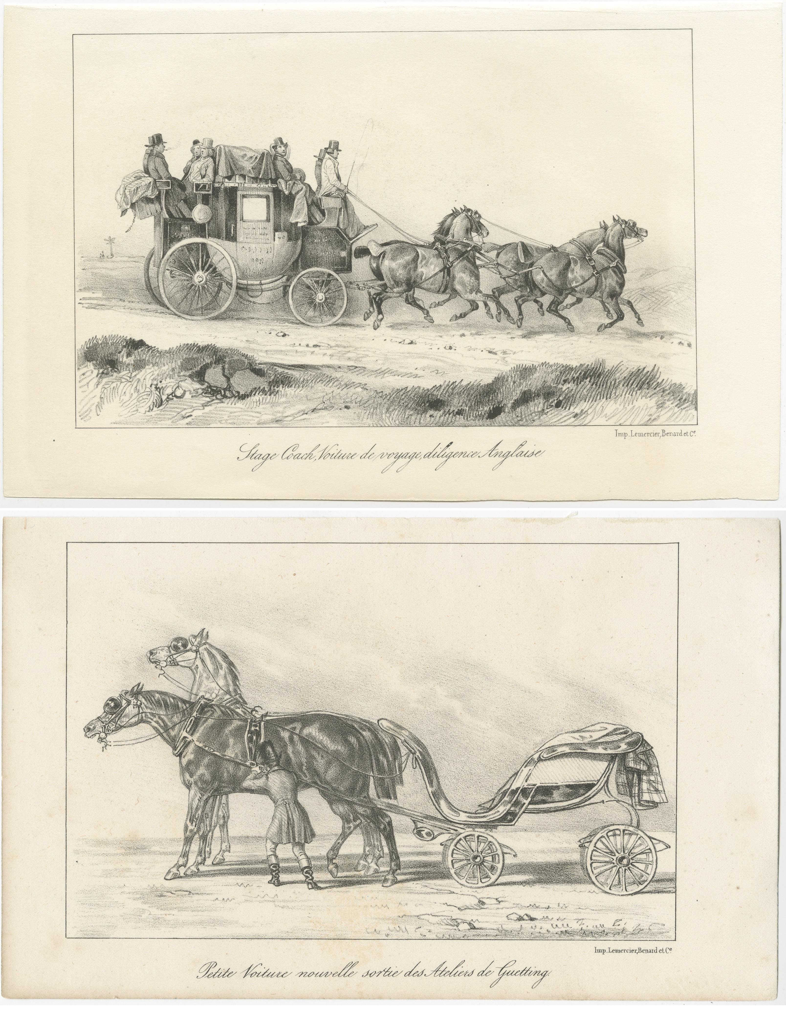 19th Century Set of 2 Antique Prints of Horse and Carriage by Lemercier 'c.1835' For Sale