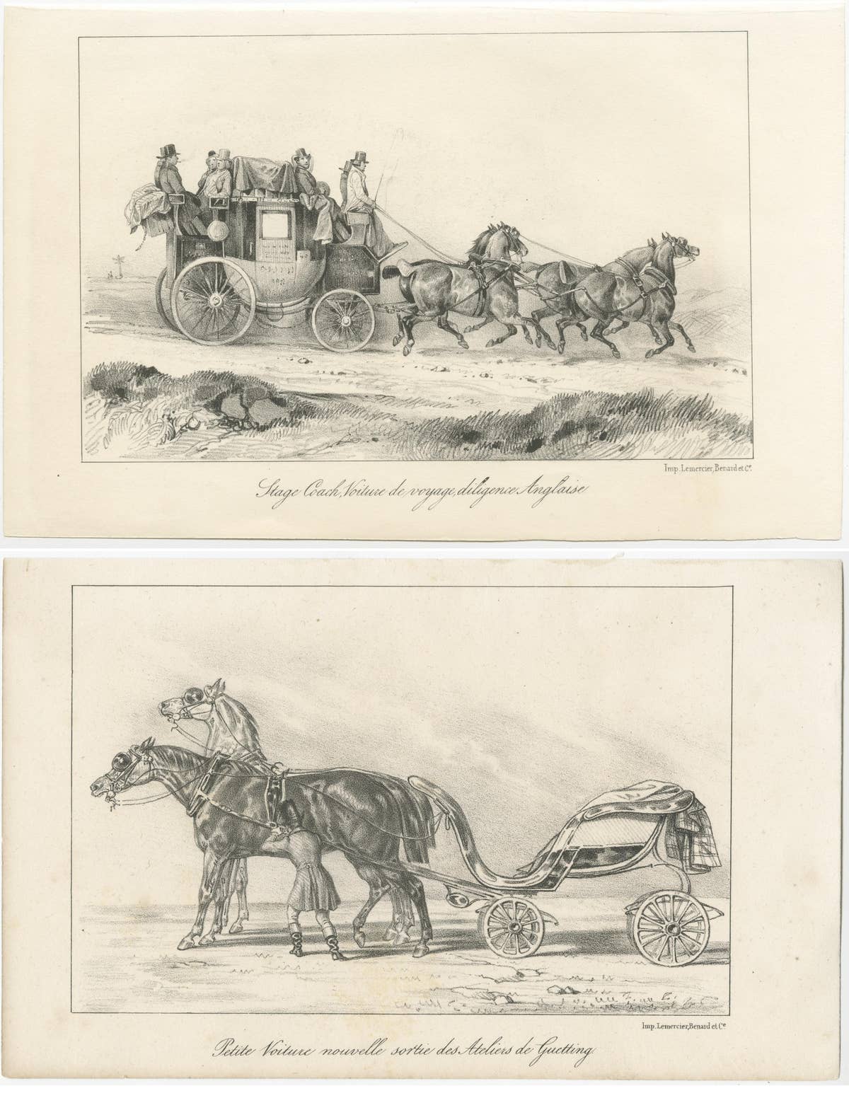 Set of 2 Antique Prints of Horse and Carriage by Lemercier 'c.1835'