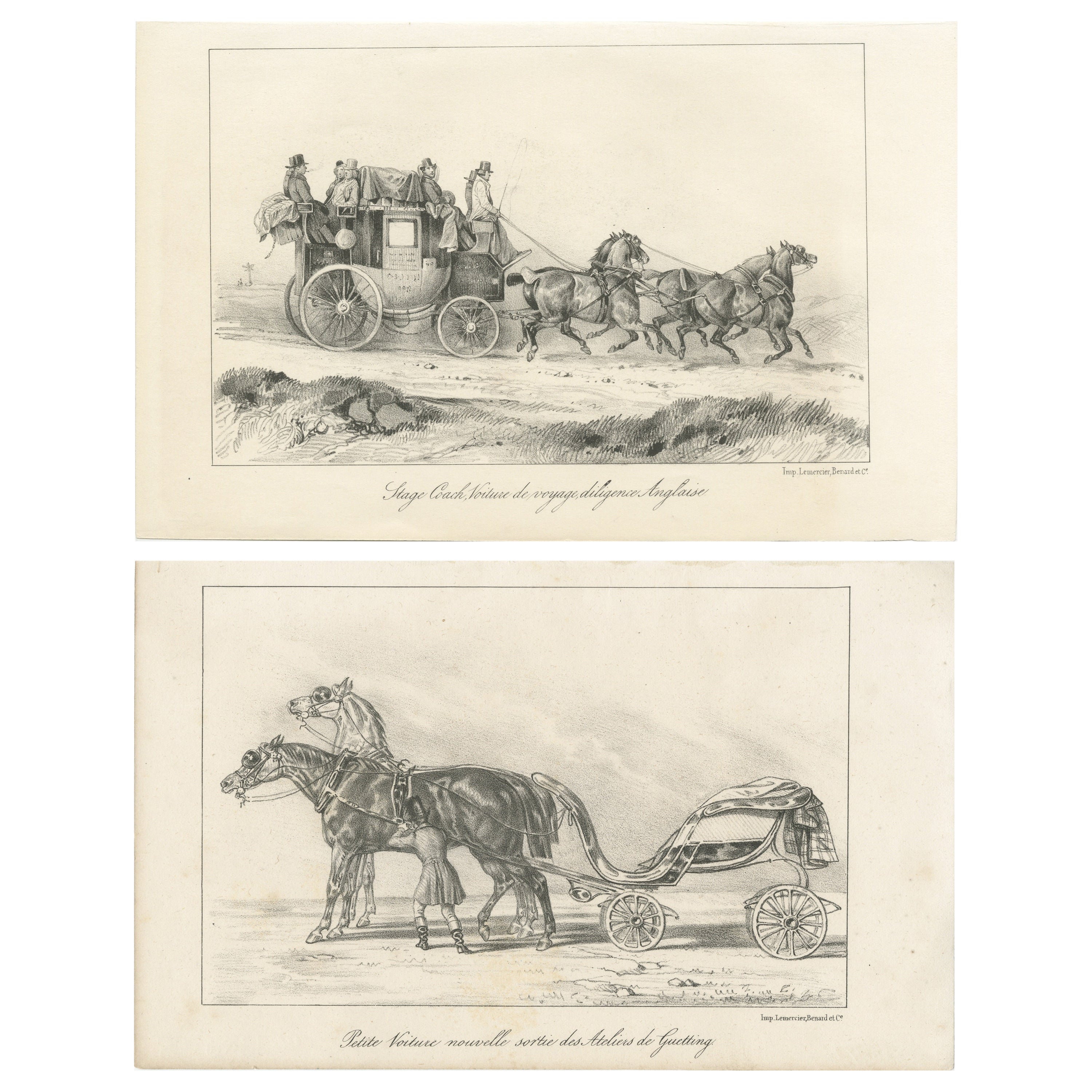 Ensemble de 2 estampes anciennes de chevaux et de voitures par Lemercier (vers 1835)