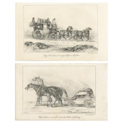 Ensemble de 2 estampes anciennes de chevaux et de voitures par Lemercier (vers 1835)