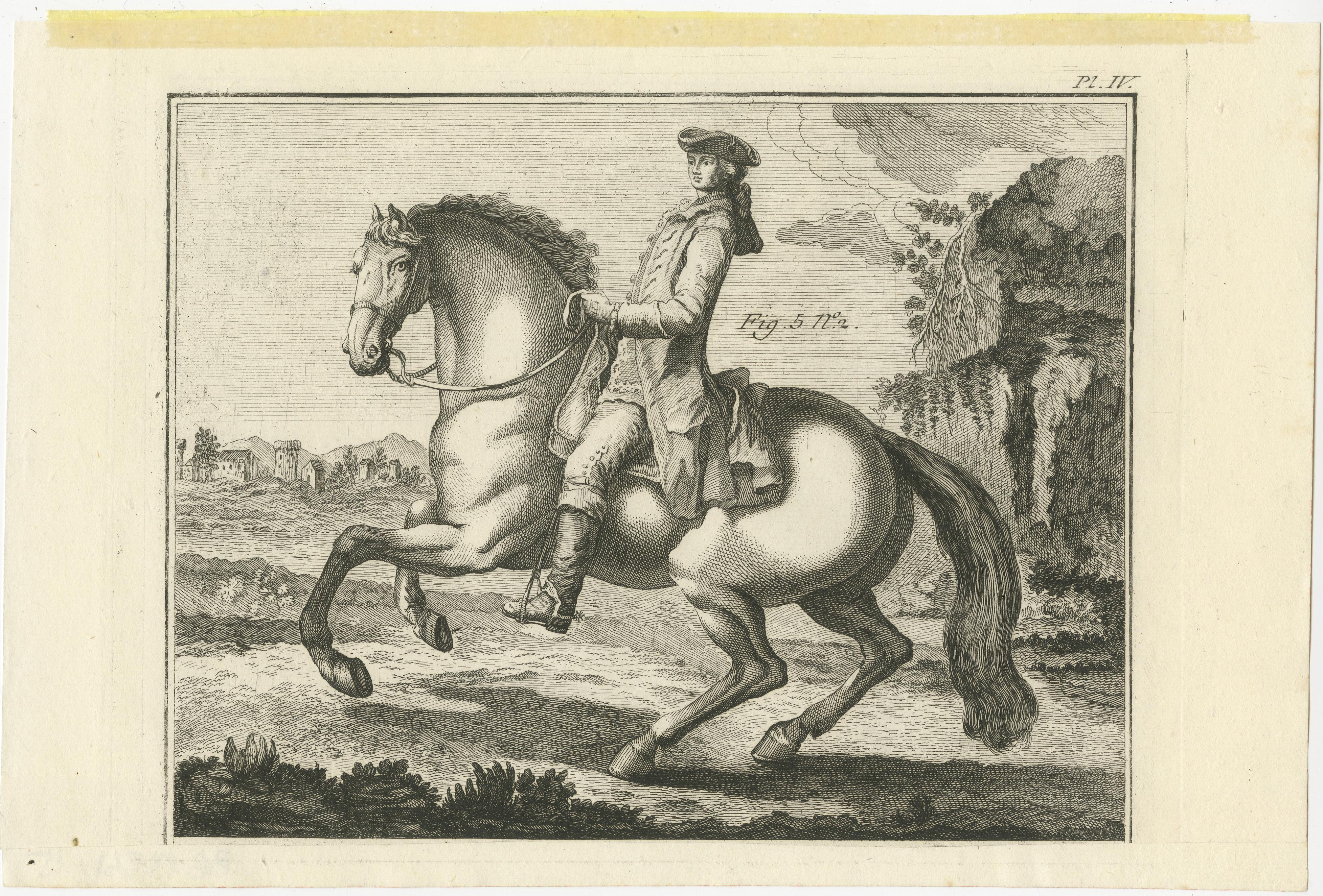 Antique print titled 'Manege, le Galop uni à gauche et le Galop faux à gauche. Copper engraving of horse riding: United Gallop on Left Lead, and Disunited Gallop on Left Lead.

Originally published on one sheet, now two individual sheets. With