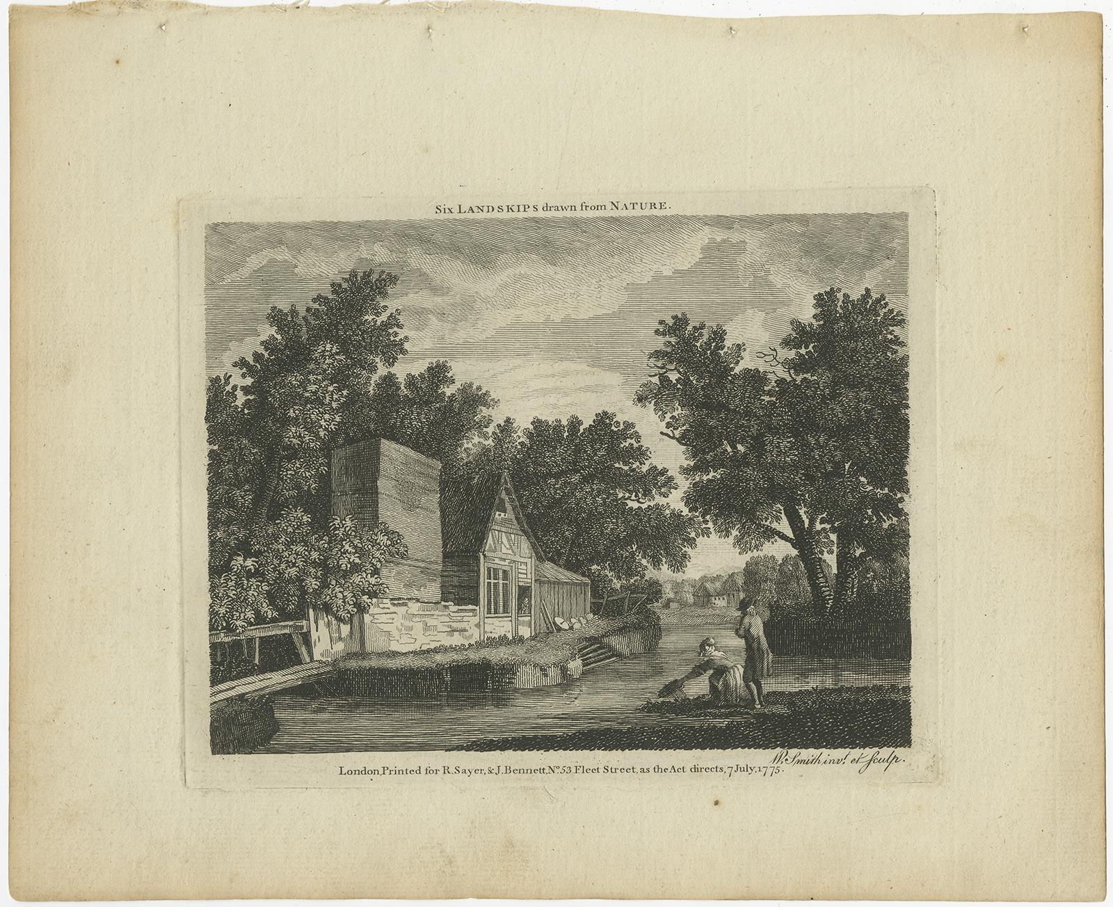 Set of two antique prints of landscapes and village scenes. Part of a series of six prints. Printed for R. Sayer & J. Bennett. Published in 1775.