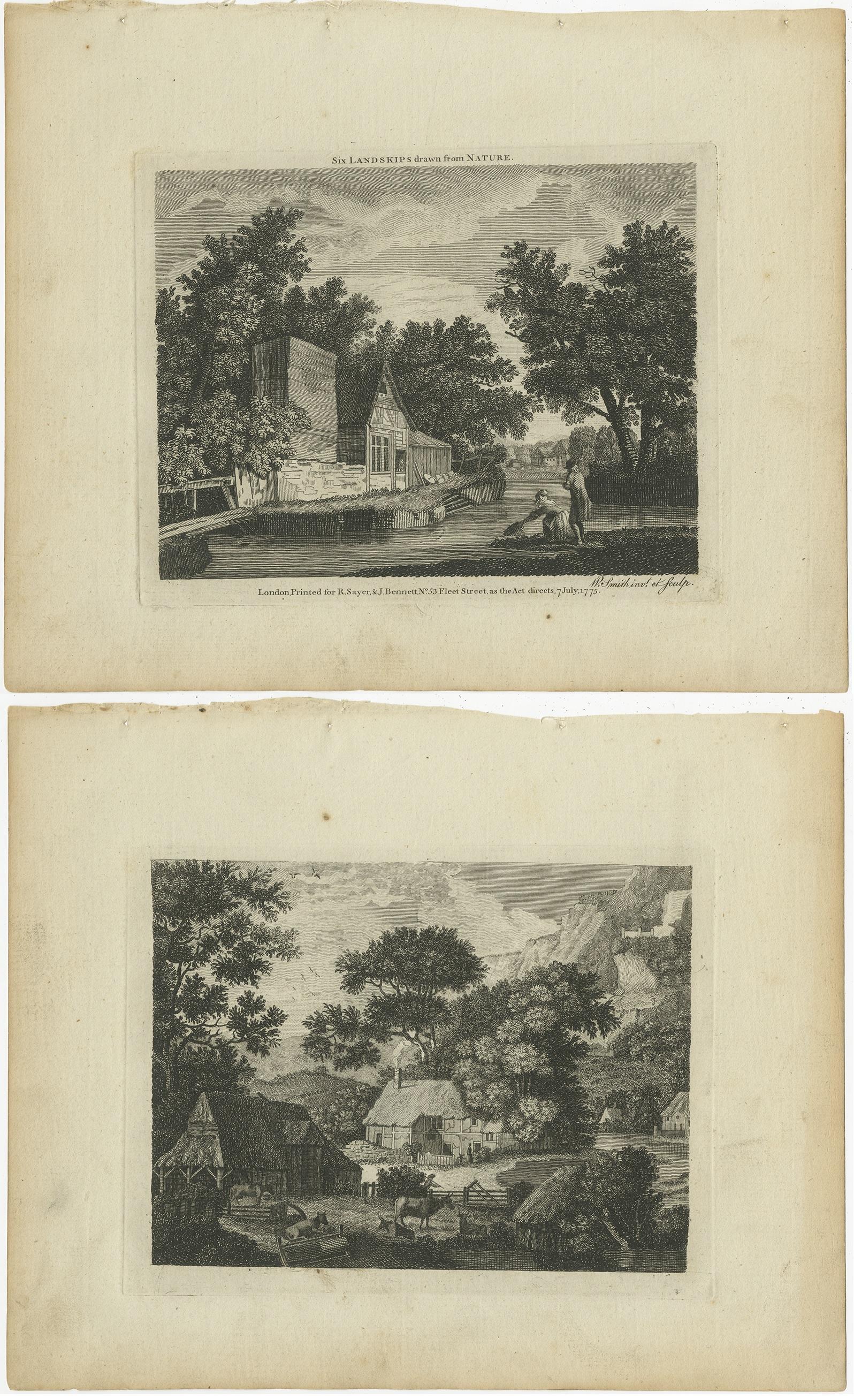 Set of 2 Antique Prints of Landscapes and Village Scenes by Sayer '1775' In Good Condition For Sale In Langweer, NL