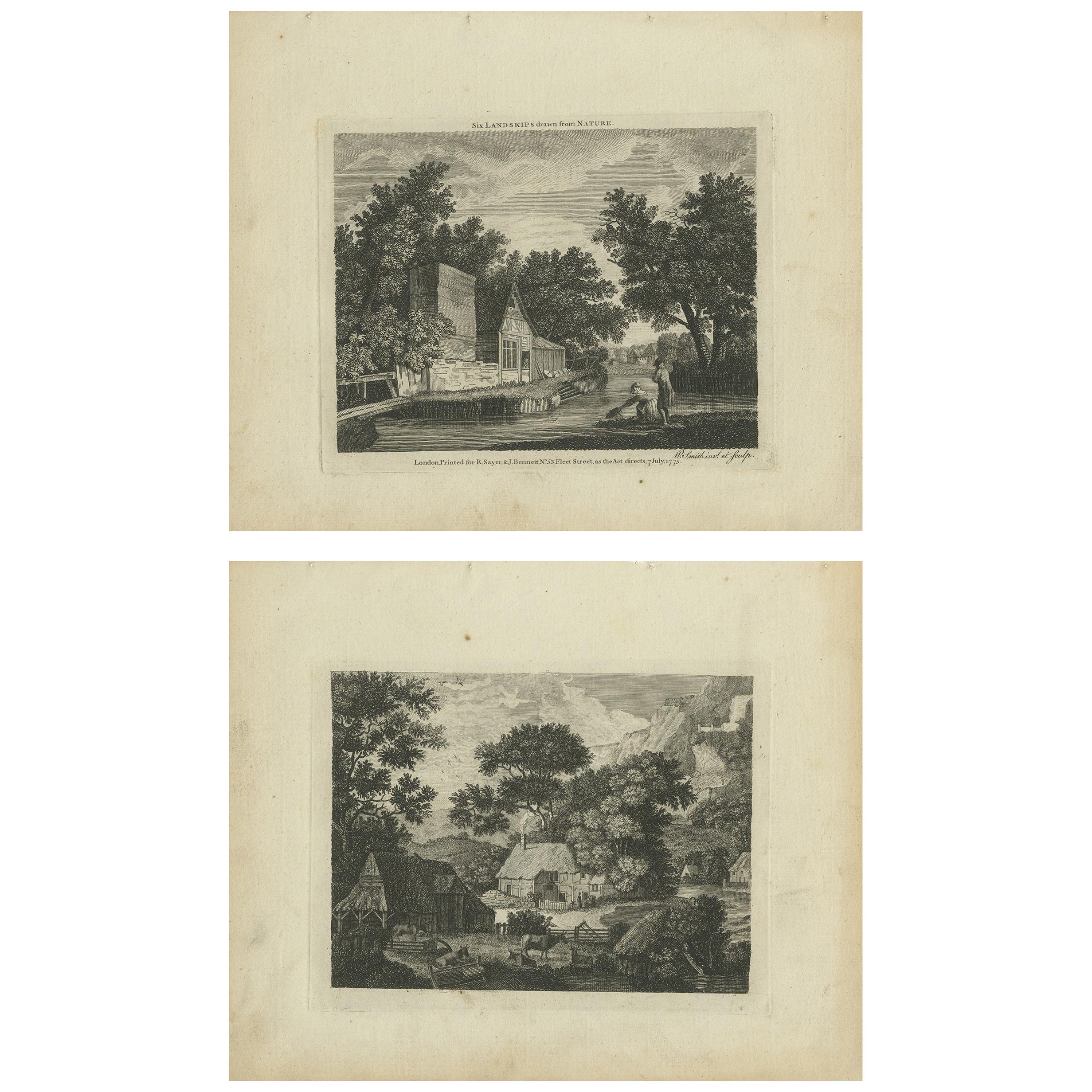 Set von 2 antiken Drucken von Landschaften und Dorfszenen von Sayer '1775'