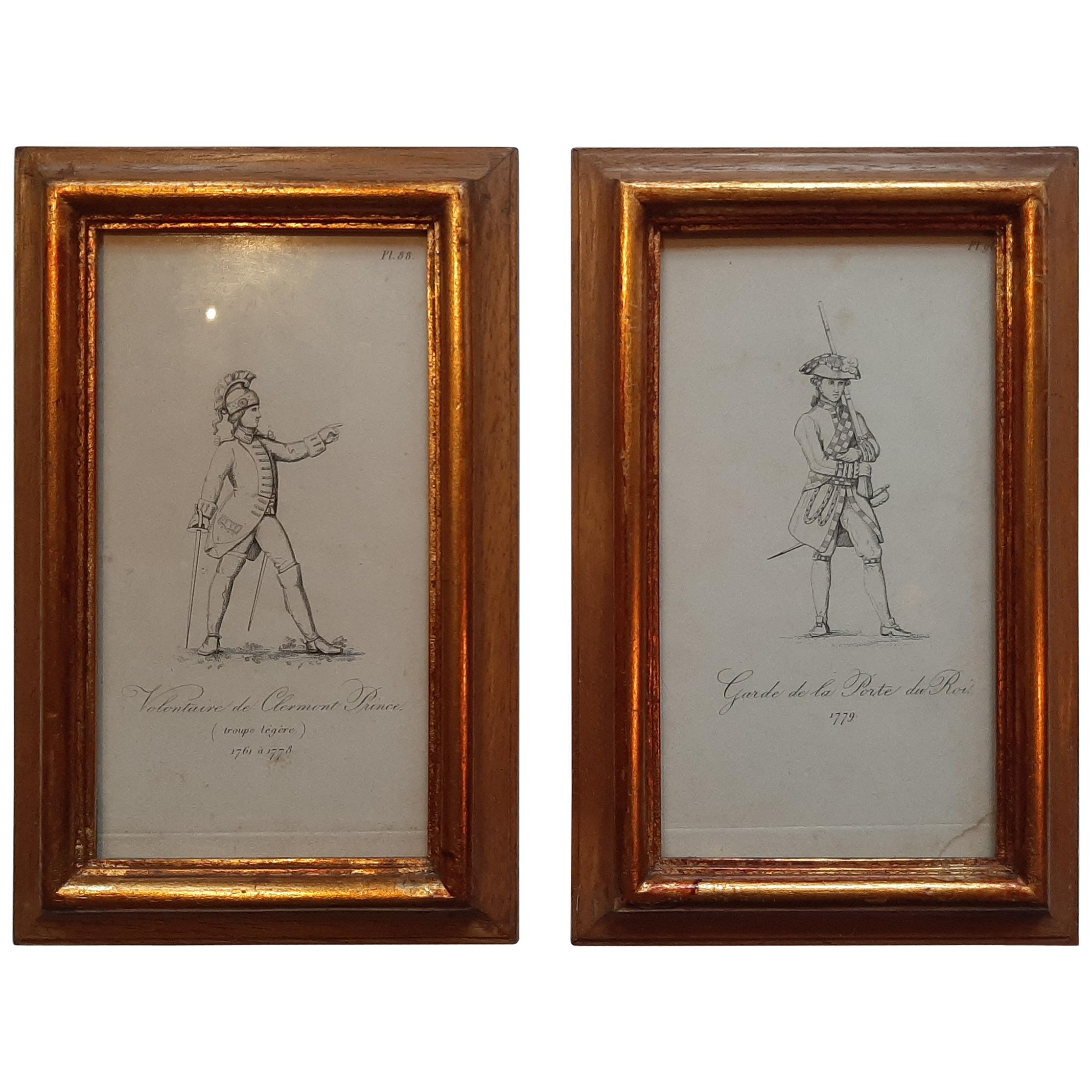Set of 2 Antique Prints of Military Costumes of France by Sicard, 1834