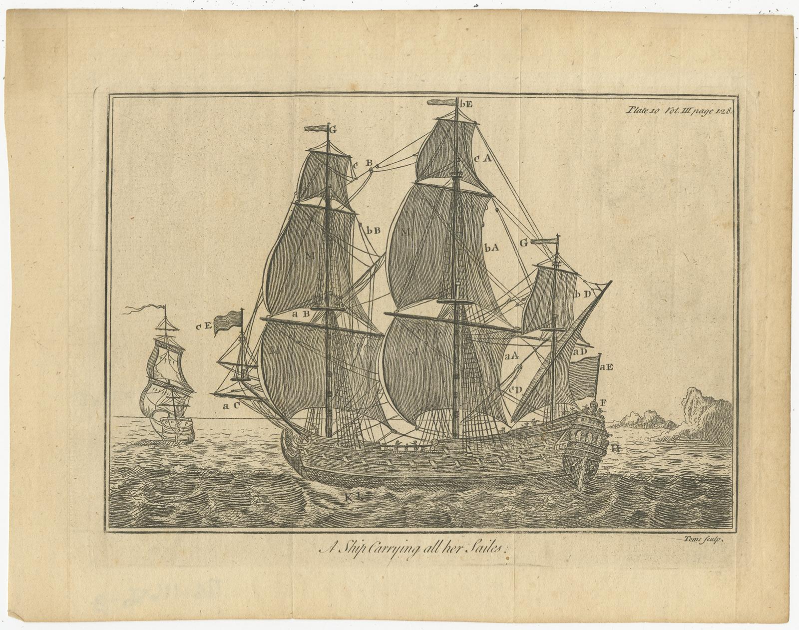 Set of two antique prints titled 'A Ship carrying all her Sailes' and 'A little Vessel'. These prints originates from volume 3 of 'Spectacle de la Nature: Or, Nature Display'd' by Noe?¨l Antoine Pluche. Published, 1750.