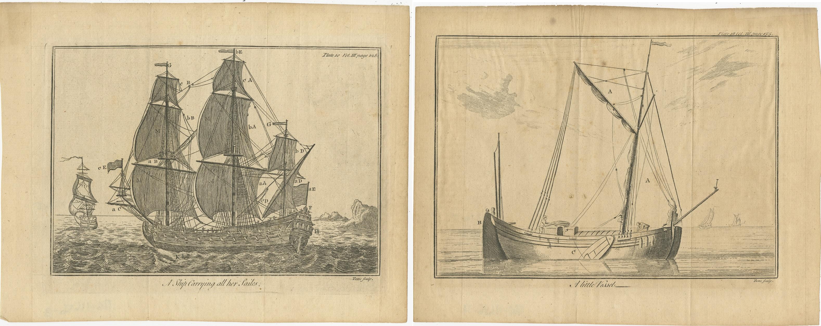 18th Century Set of 2 Antique Prints of Ships/Vessels by Pluche, 1750 For Sale