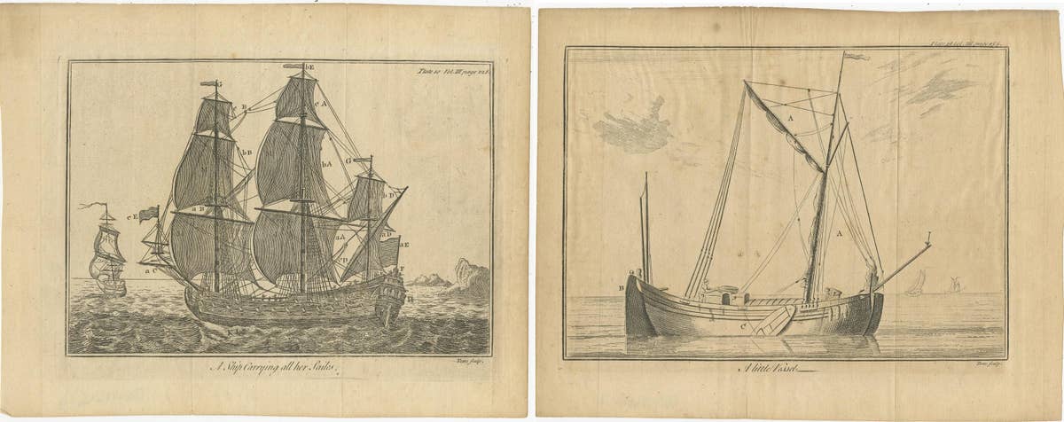 Set of 2 Antique Prints of Ships/Vessels by Pluche, 1750