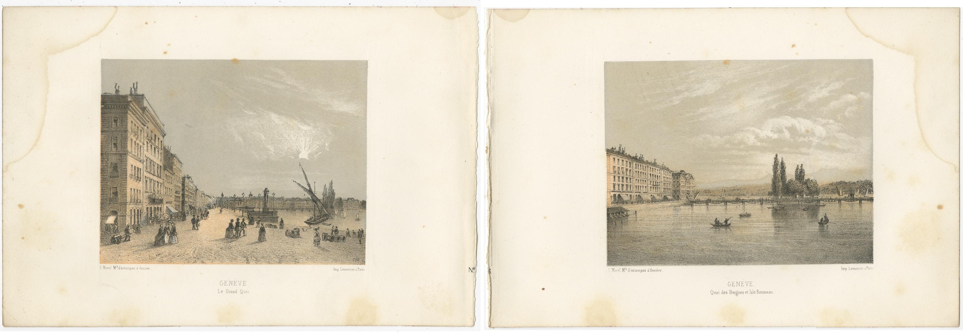 Set of 2 Antique Prints of Switzerland - Geneva - by Morel (c.1850) In Fair Condition For Sale In Langweer, NL