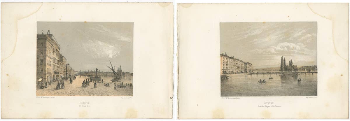 Set of 2 Antique Prints of Switzerland - Geneva - by Morel (c.1850)