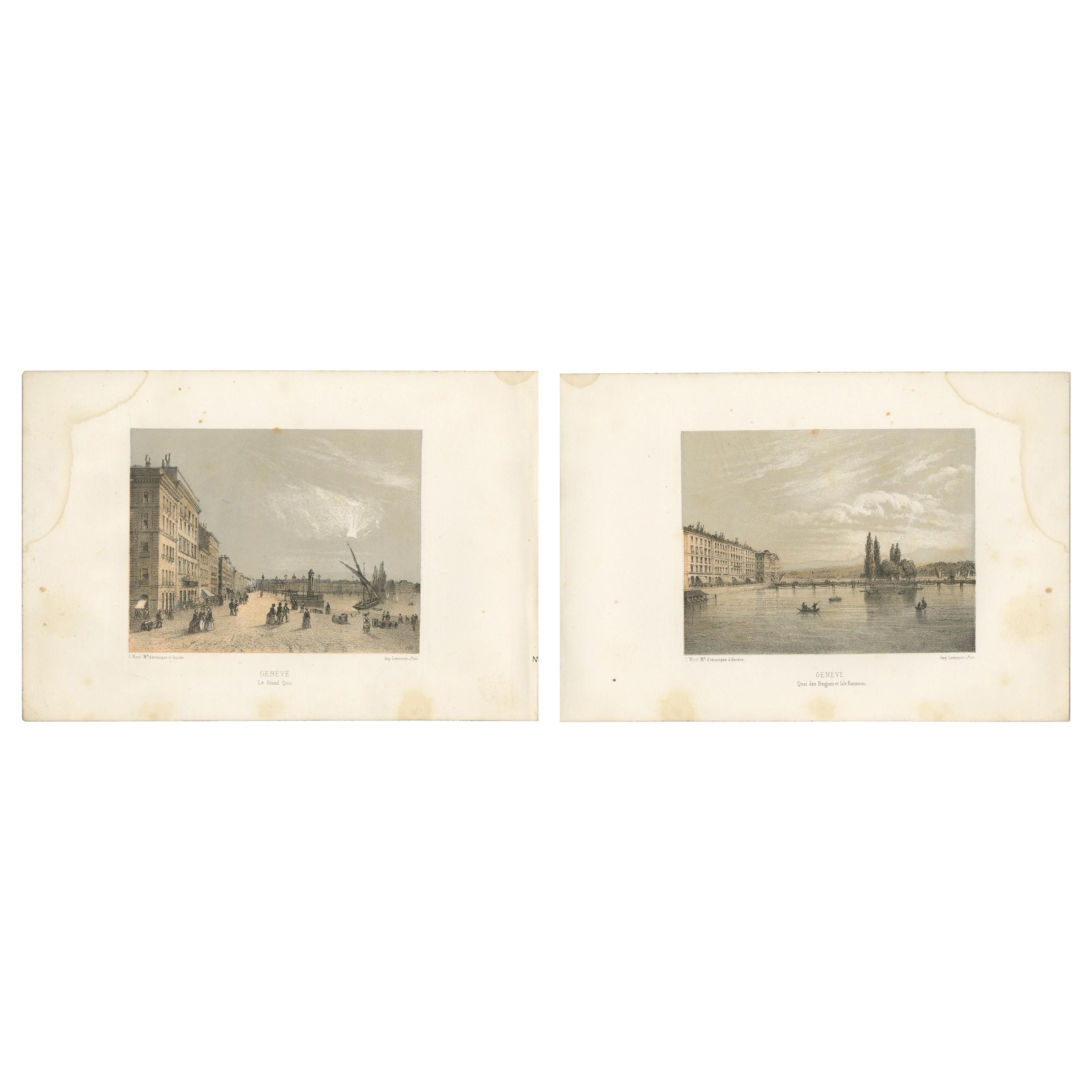 Set of 2 Antique Prints of Switzerland - Geneva - by Morel (c.1850)
