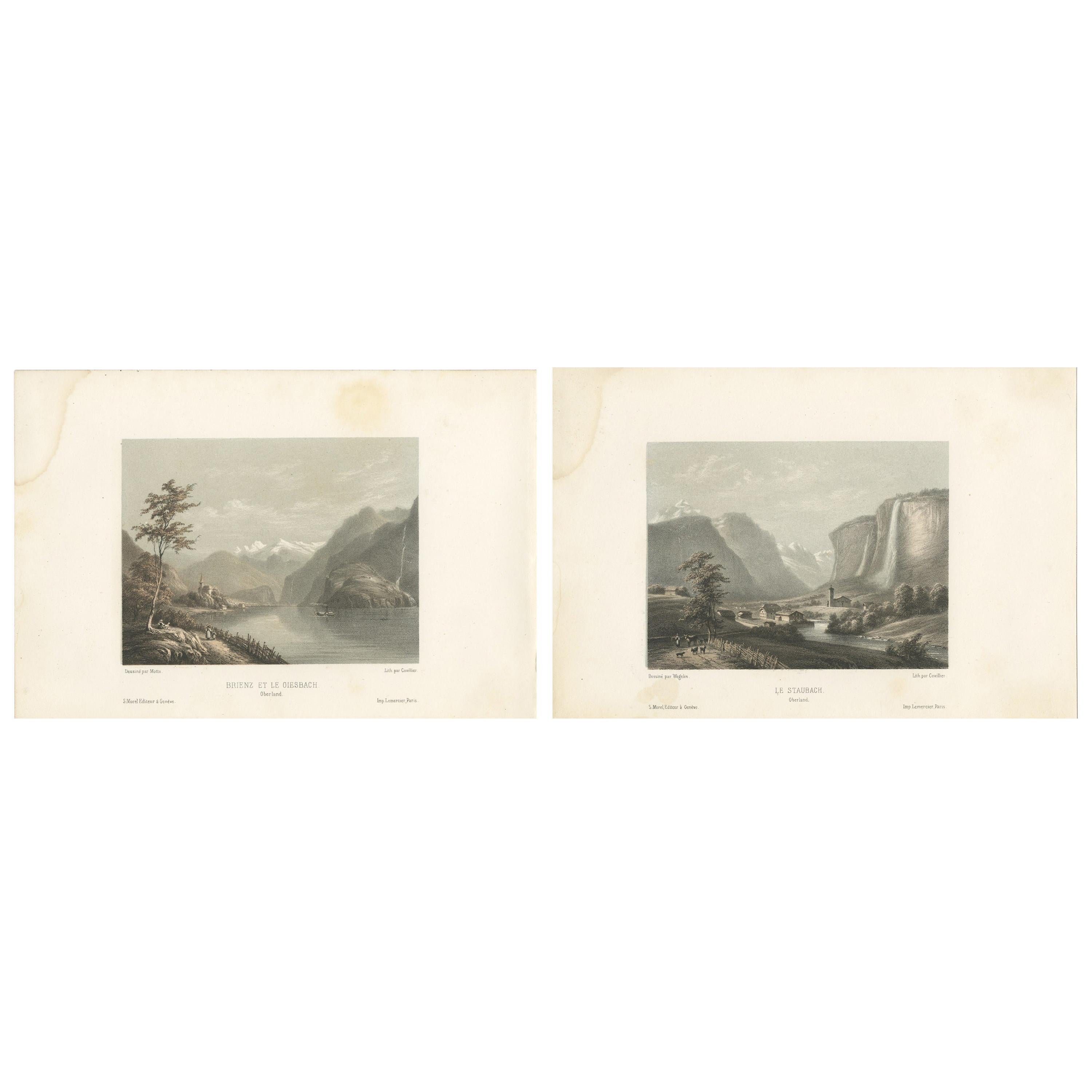 Set of 2 Antique Prints of Switzerland - Oberland - by Morel (c.1850)