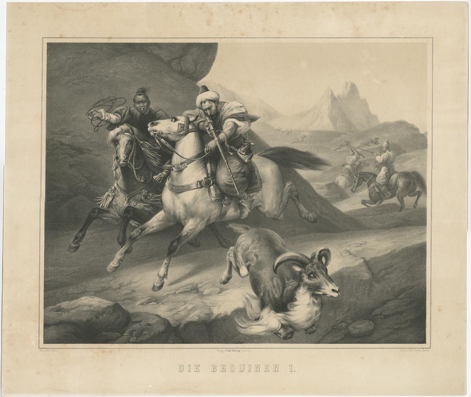 Set of two antique prints titled 'Die Beduinen I & II'. Lithographic plates depicting scenes of the Bedouin, a population of nomadic Arabs who have historically inhabited the desert regions in North Africa, the Arabian Peninsula, Upper Mesopotamia