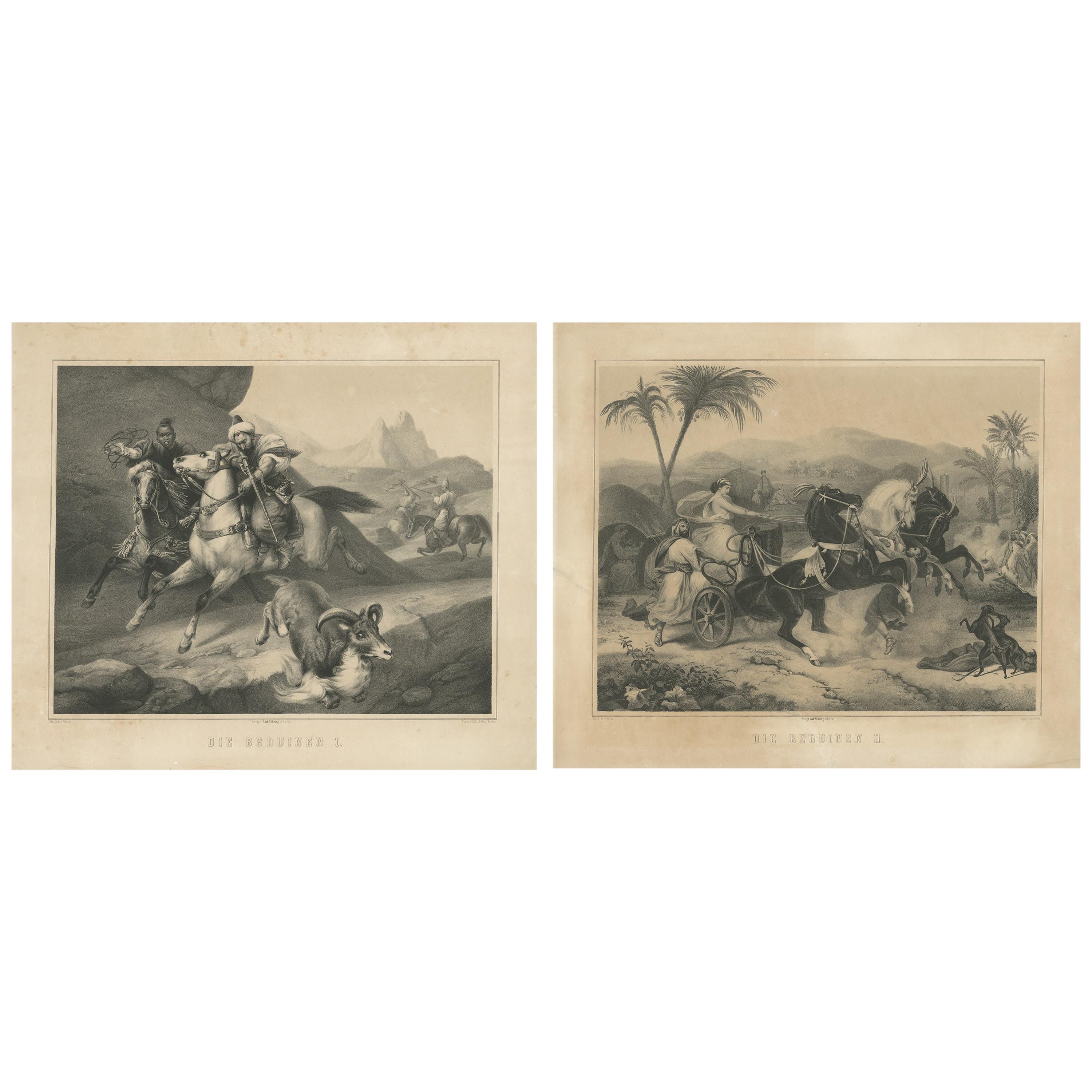 Set of 2 Antique Prints of the Bedouin Nomadic Arab Tribes, circa 1870 For Sale